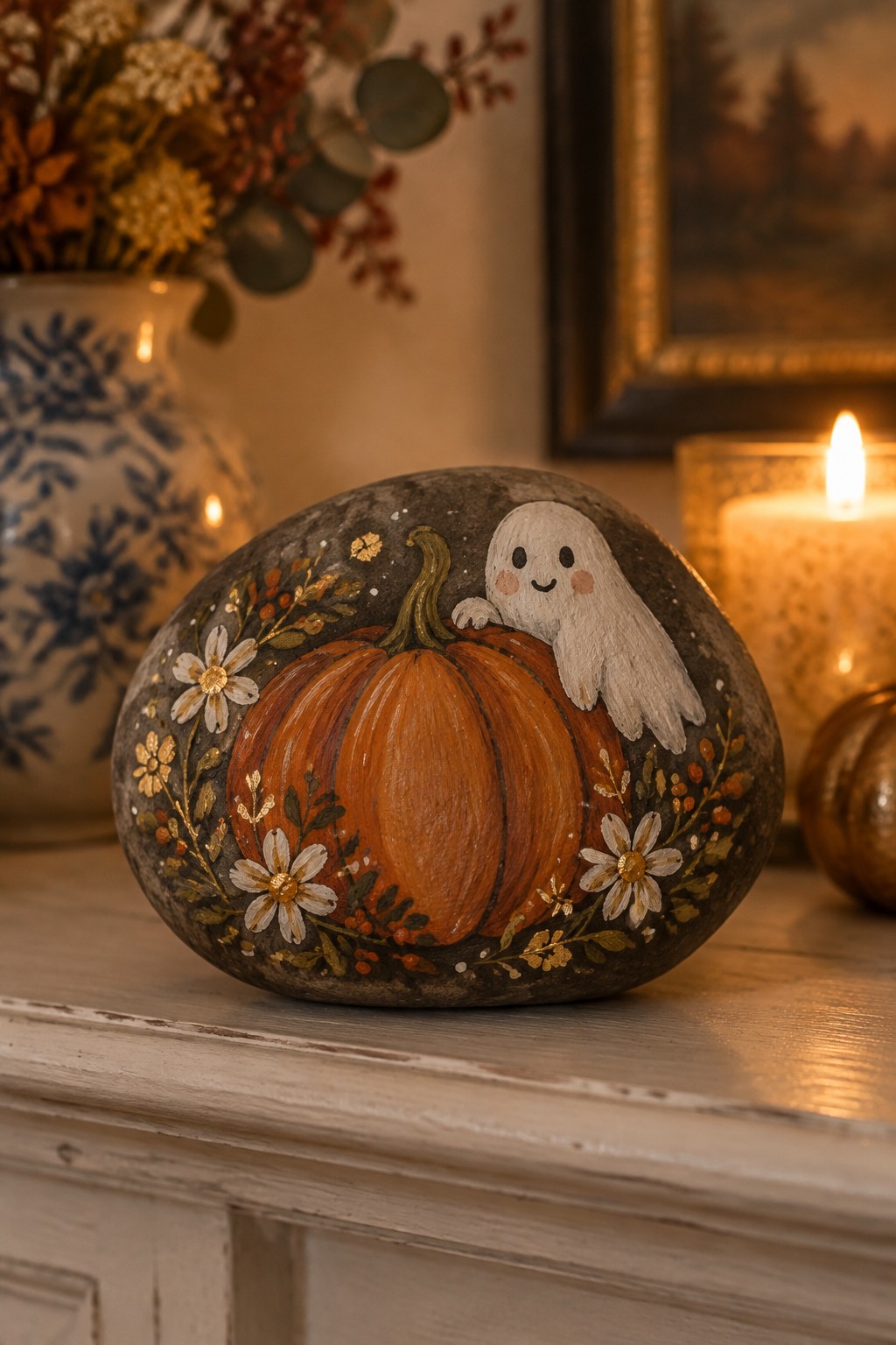 Painted rock with orange pumpkin, smiling ghost, white daisies, and gold floral accents.