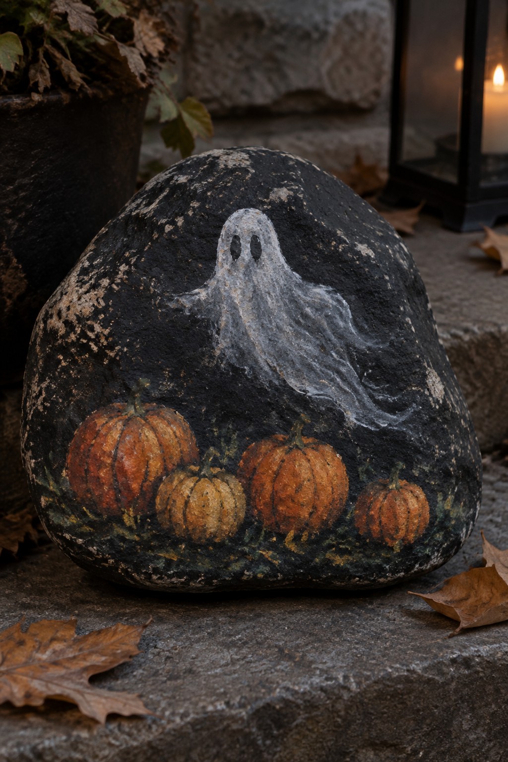 Black rock painted with white ghost above four orange pumpkins amid autumn leaves