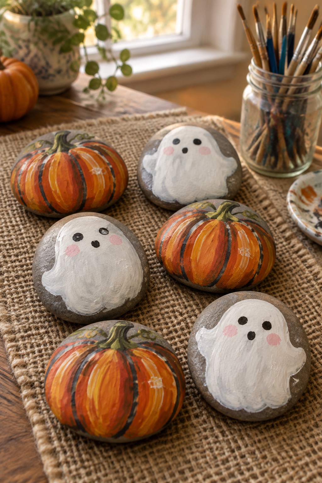 Painted rocks with orange pumpkins and white ghosts on burlap beside paintbrushes