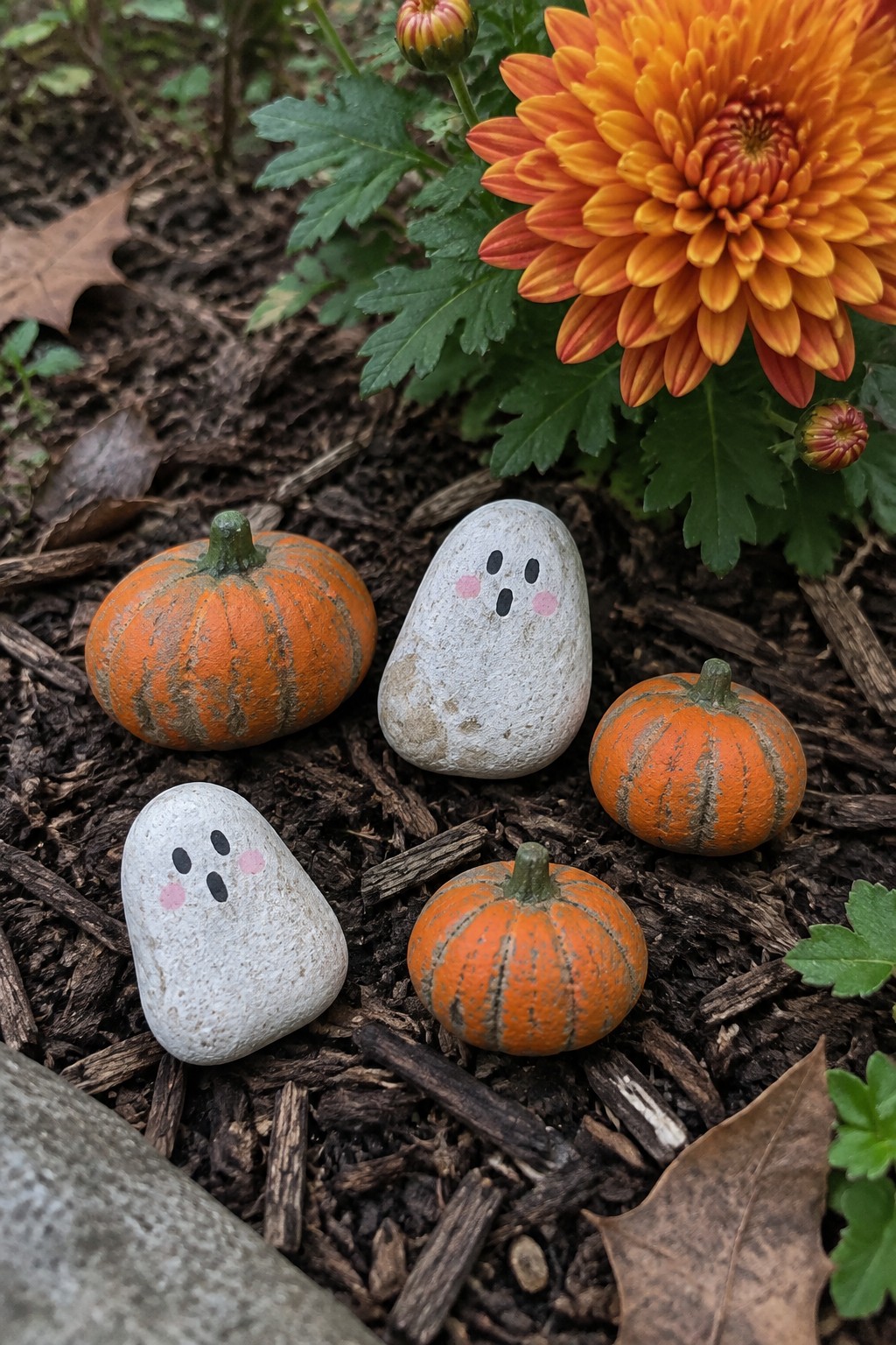 Ghost-faced rocks and miniature pumpkins on mulch near blooming orange flower