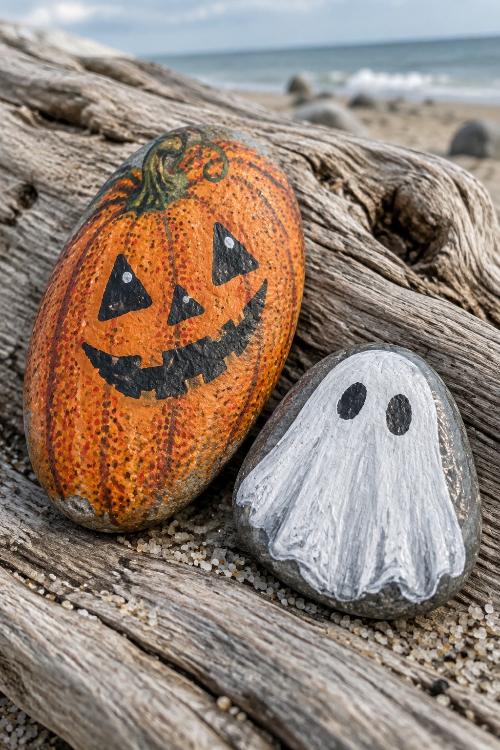 Orange pumpkin and white ghost rocks on driftwood by the ocean