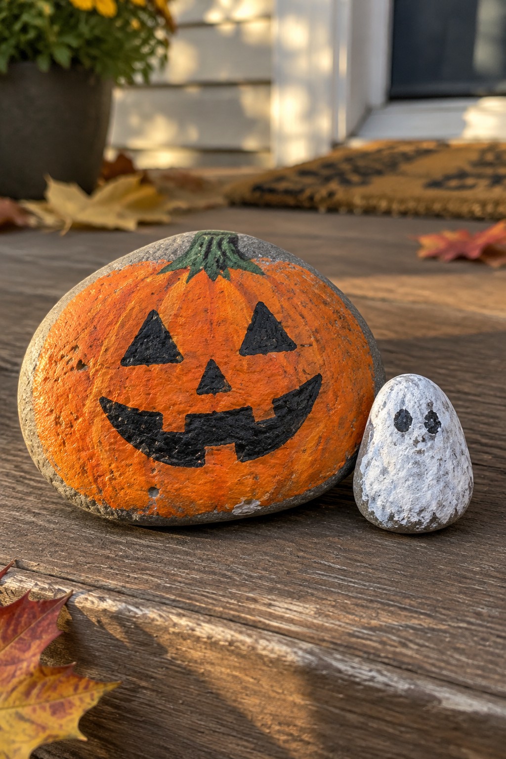 Orange jack-o'-lantern painted rock beside small white ghost rock on wooden porch