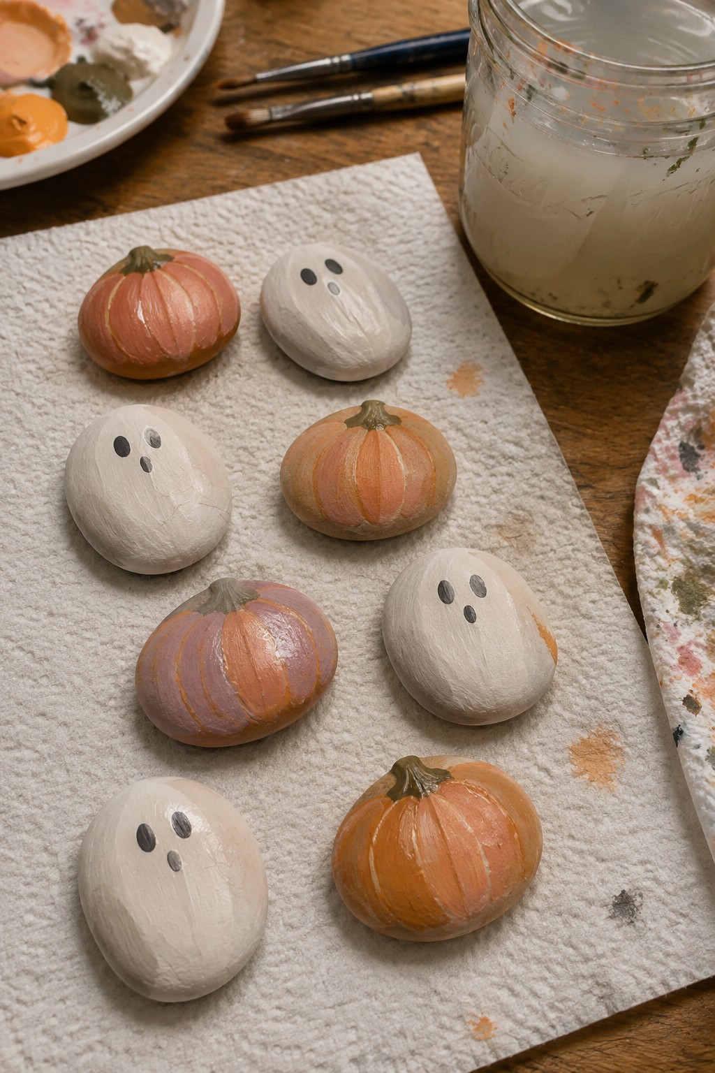 Painted rocks as orange pumpkins and white ghosts on paper towel with art supplies