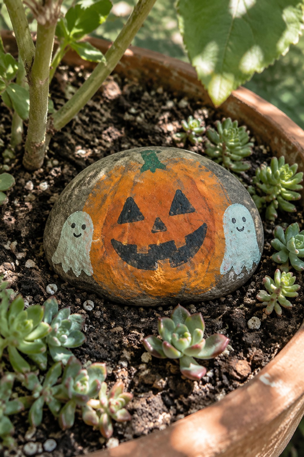Orange jack-o'-lantern rock with ghost figures among succulents in a pot.