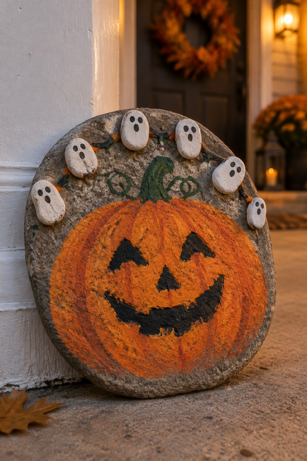 Round stone painted as orange jack-o'-lantern with ghost rocks on fall porch