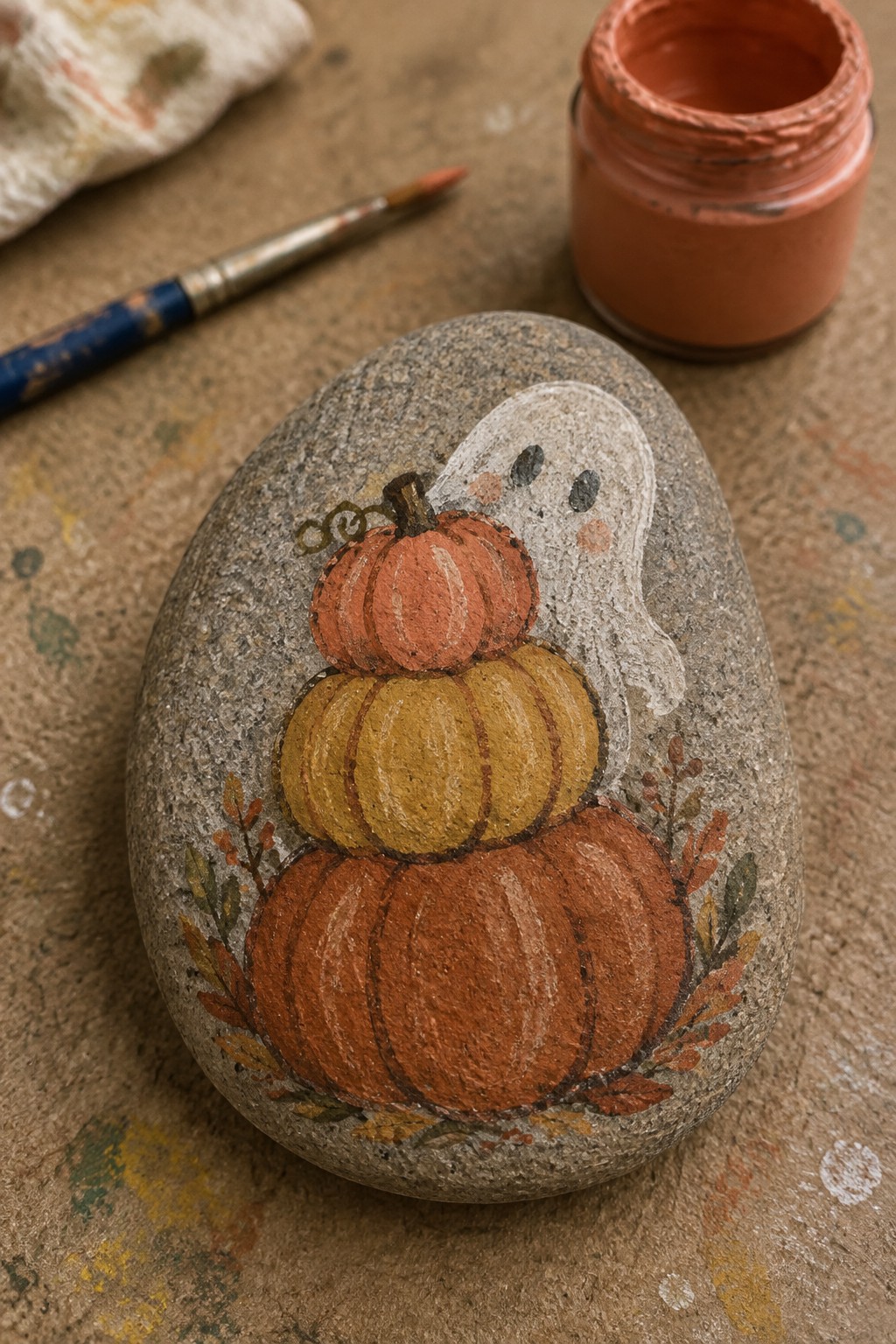 Painted gray rock with stacked pumpkins, ghost, autumn leaves, paint jar and brush