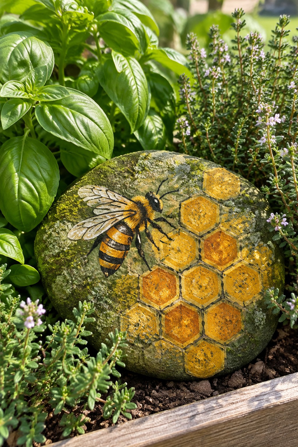 Moss-covered rock painted with bee and honeycomb among basil and thyme plants