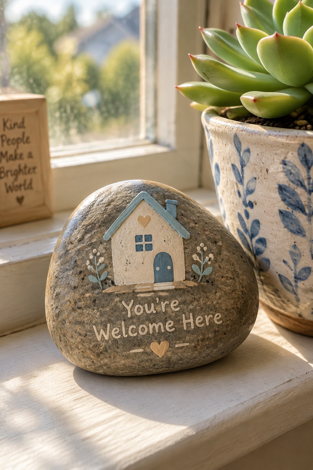 Painted rock with house illustration and 