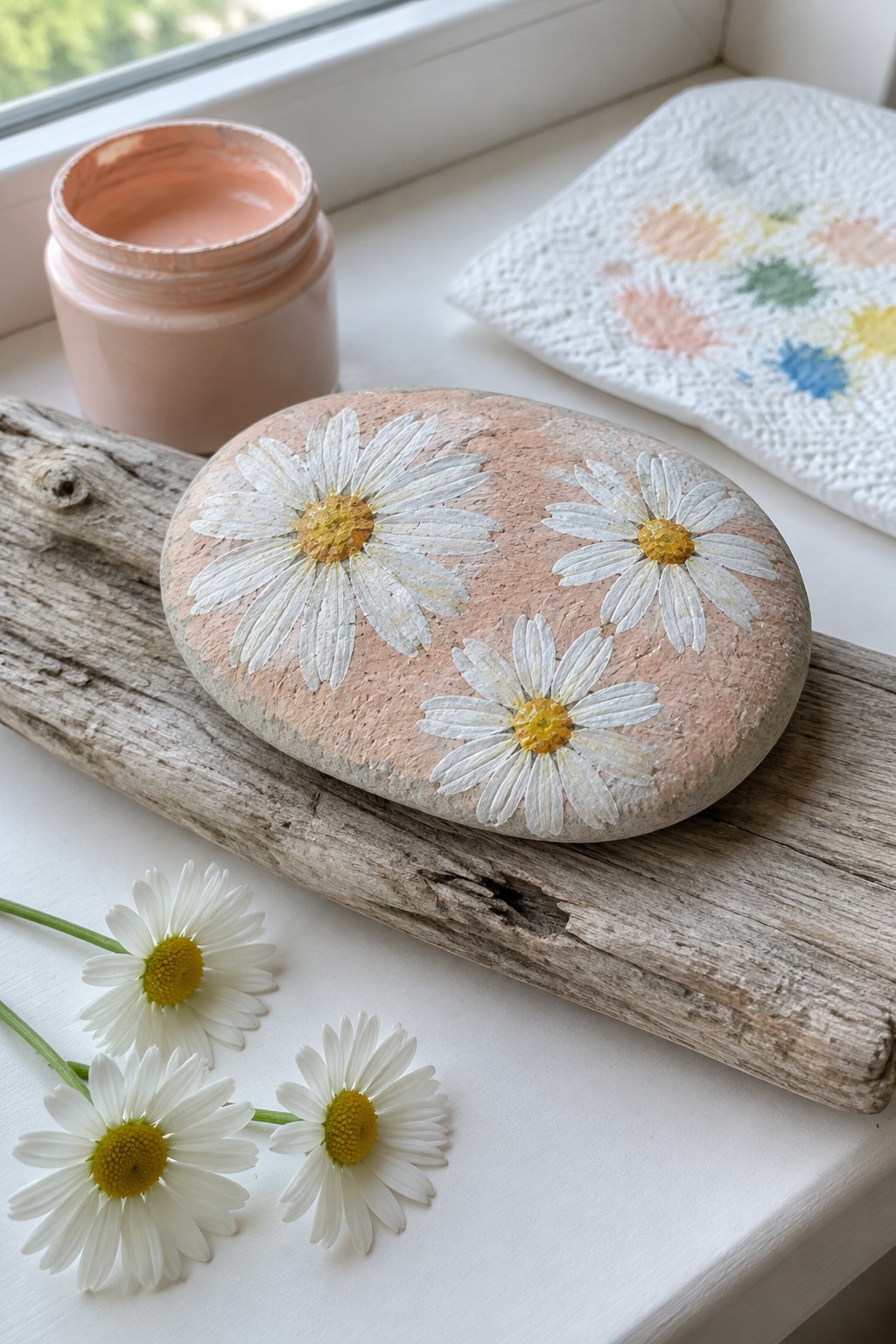 Painted stone with white daisies on peach background beside paint jar and fresh flowers
