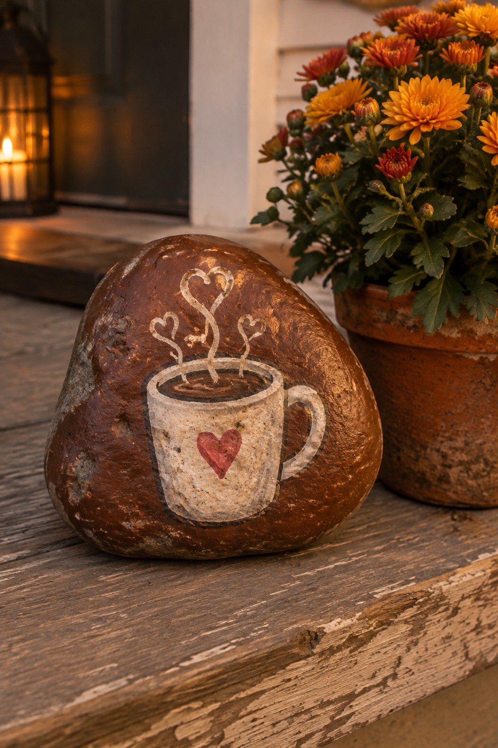 Painted rock with steaming coffee cup and hearts beside orange chrysanthemums on wood
