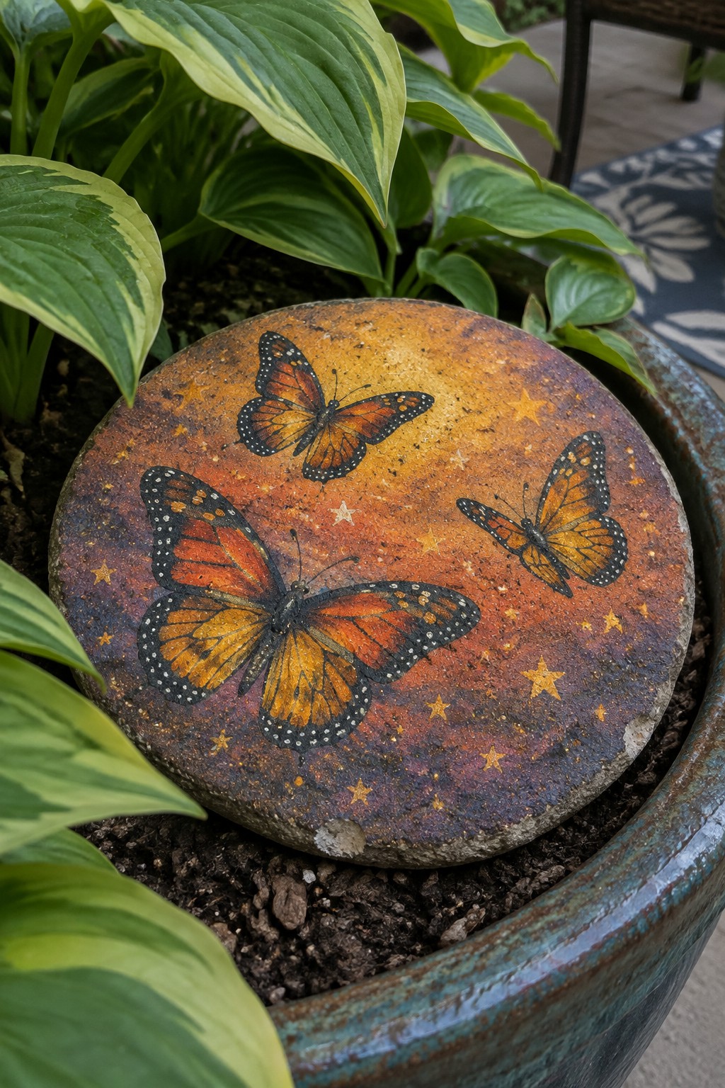 Painted stone with three orange monarch butterflies and gold stars in garden pot