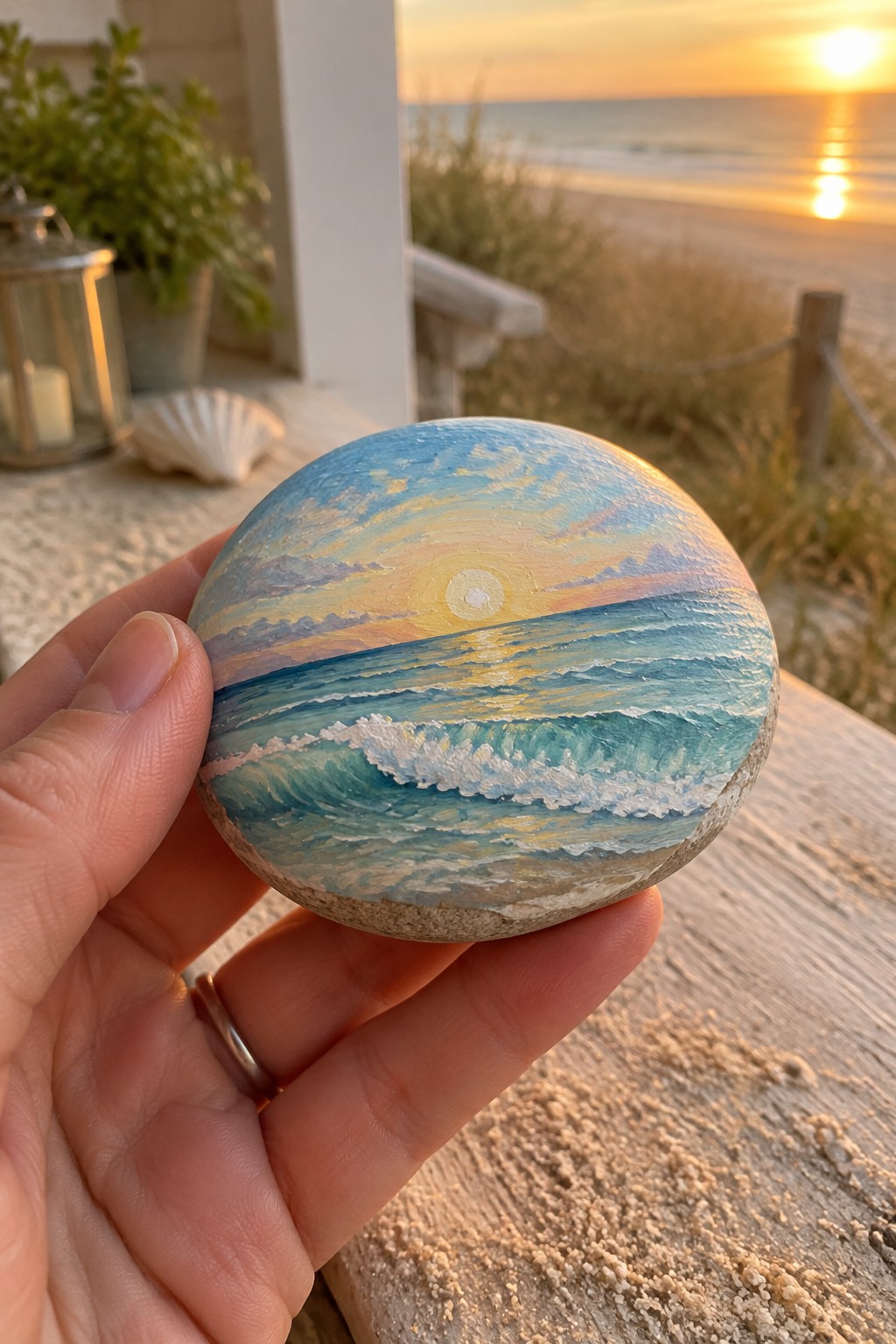 Hand holding a painted stone depicting a sunset over ocean waves