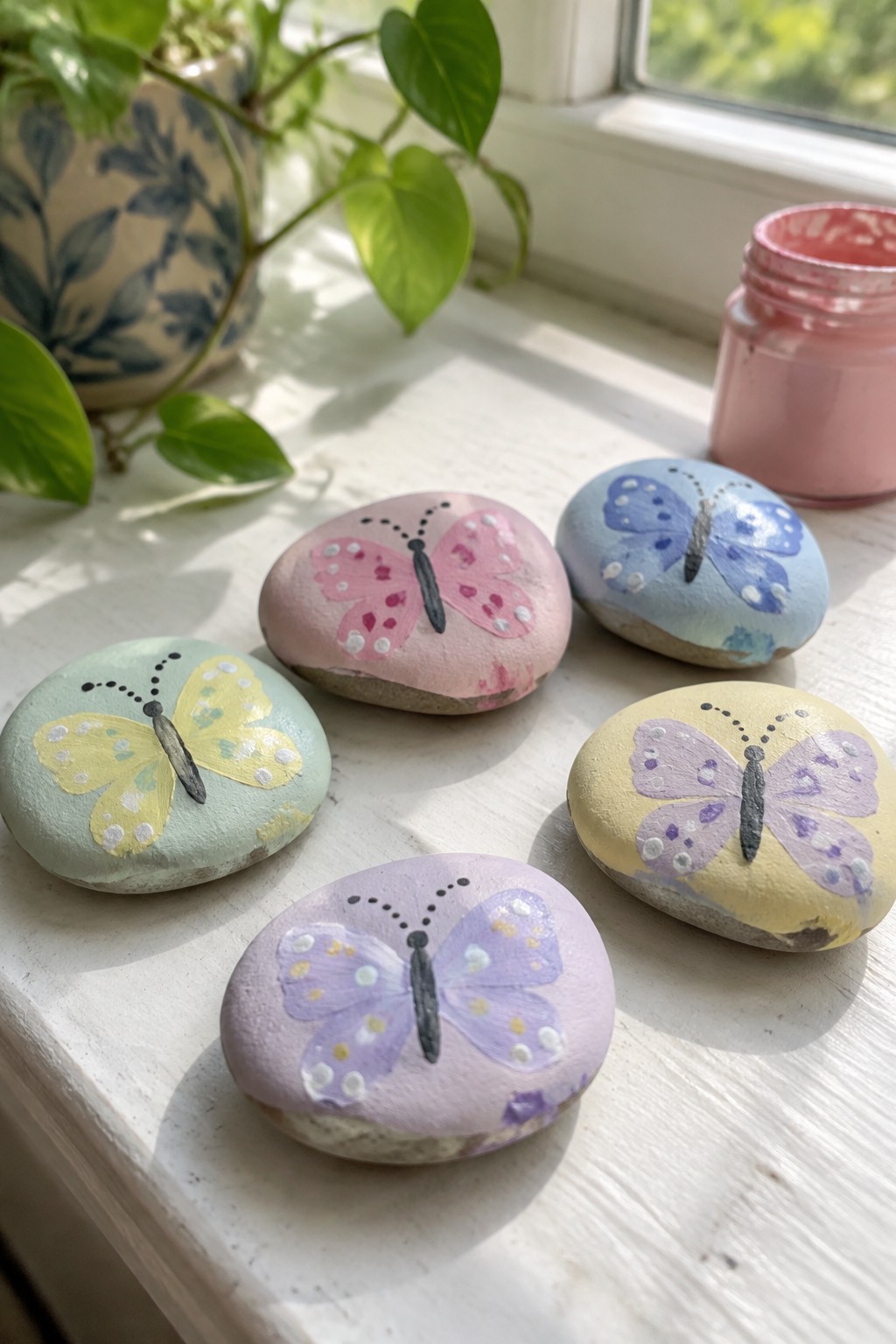 Five colorful butterfly-painted rocks on a sunny white windowsill with plant and paint jar.