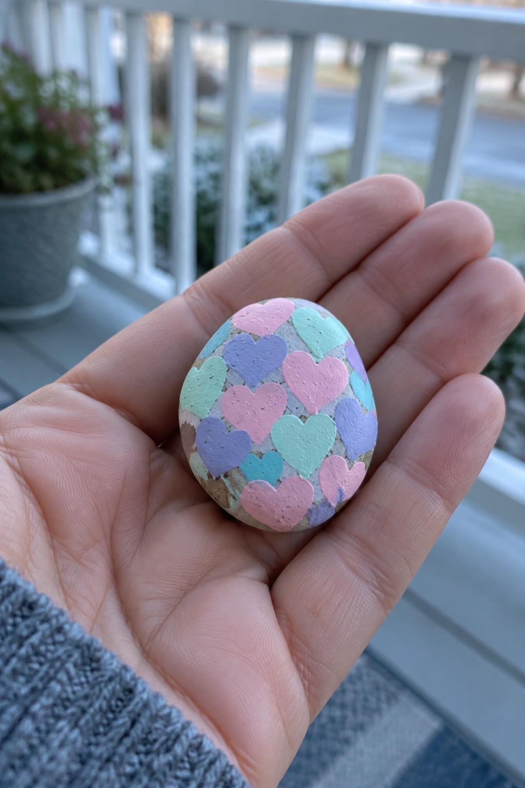 Hand in gray sleeve holding stone painted with pastel hearts outdoors