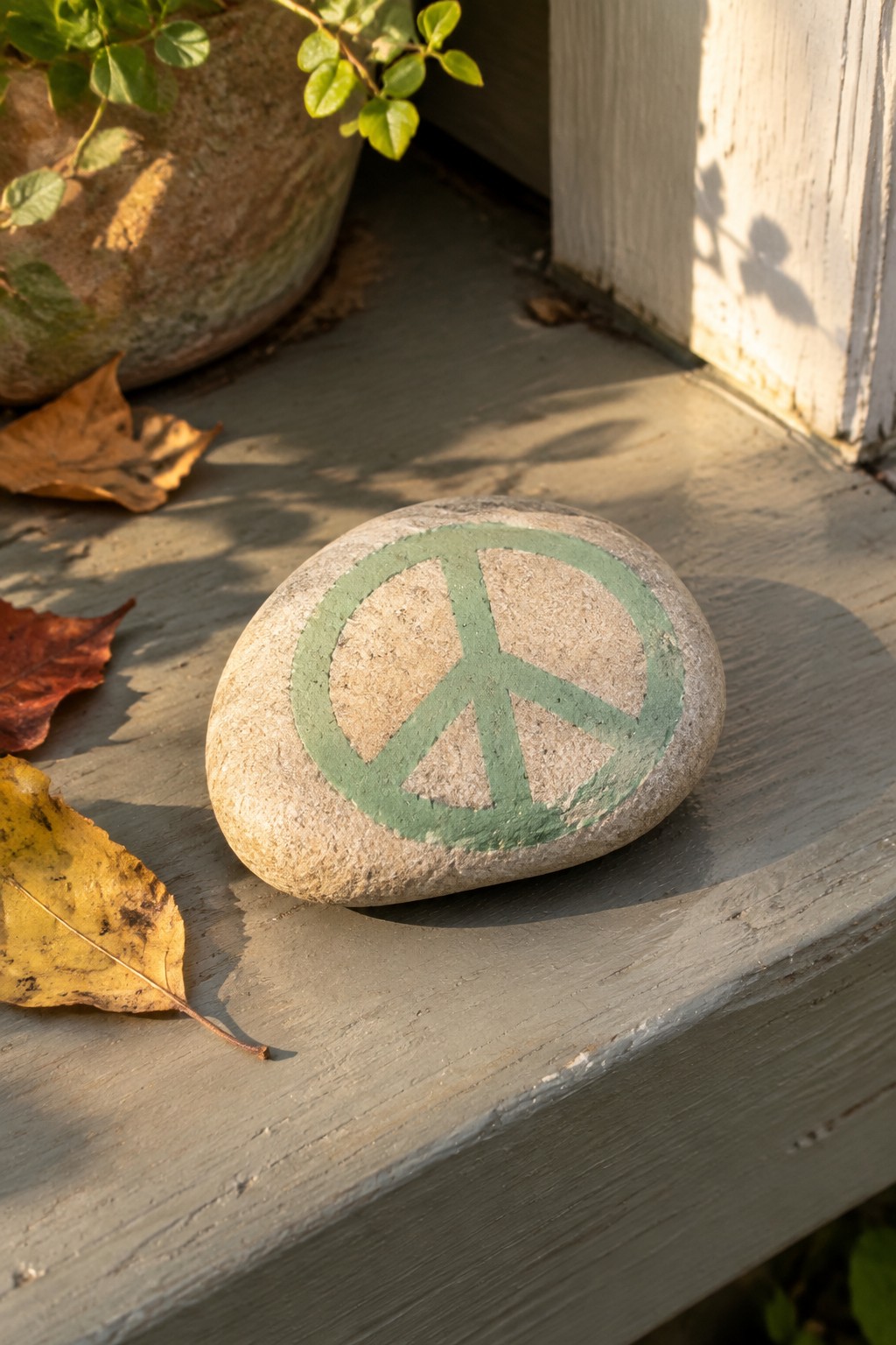 Green peace symbol painted on round stone resting on wooden surface with leaves