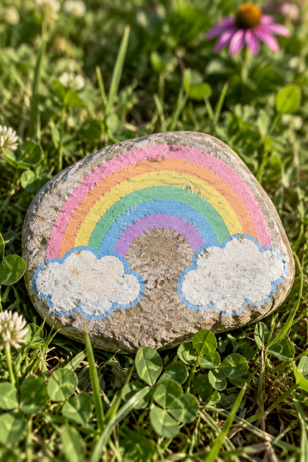 Painted rock with rainbow and clouds on green grass and clover