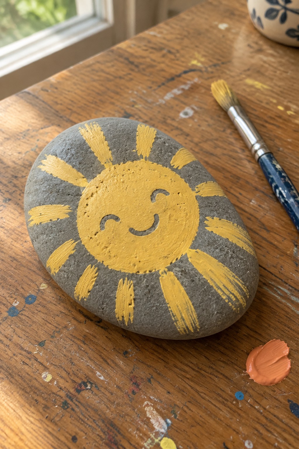 Gray stone with yellow smiling sun painted on it beside paintbrush on wooden table