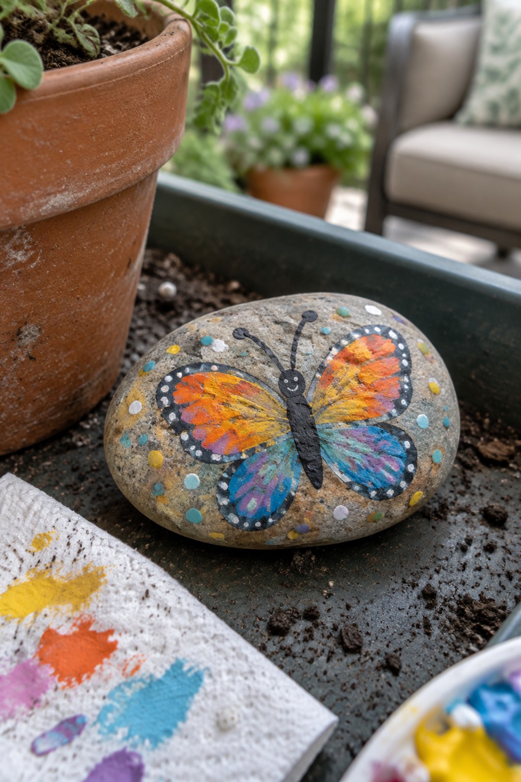 A painted rock featuring a colorful butterfly rests on soil beside a paint palette and paper towel.