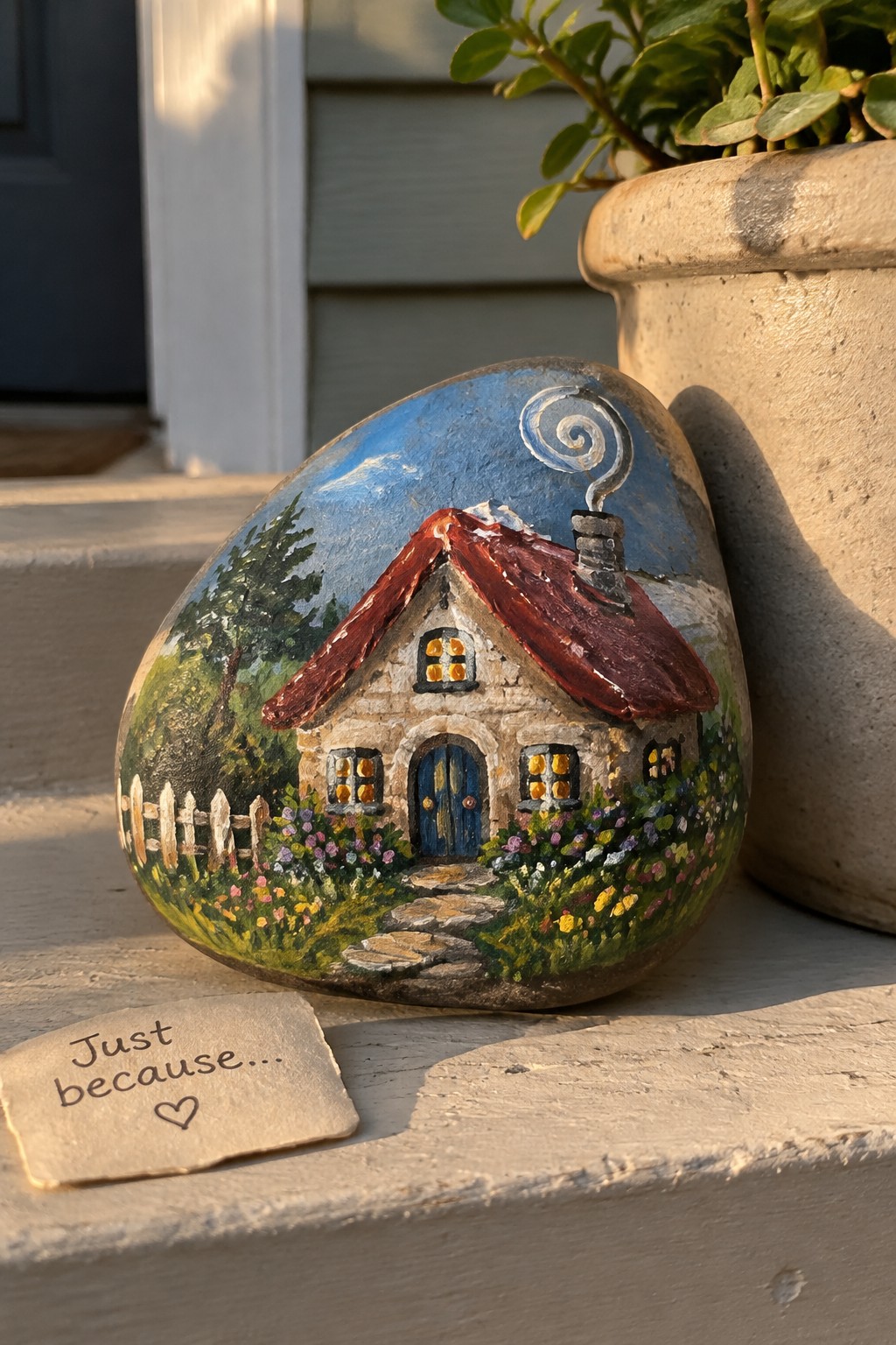 Painted rock showing cottage with red roof, blue door, garden, and path on steps