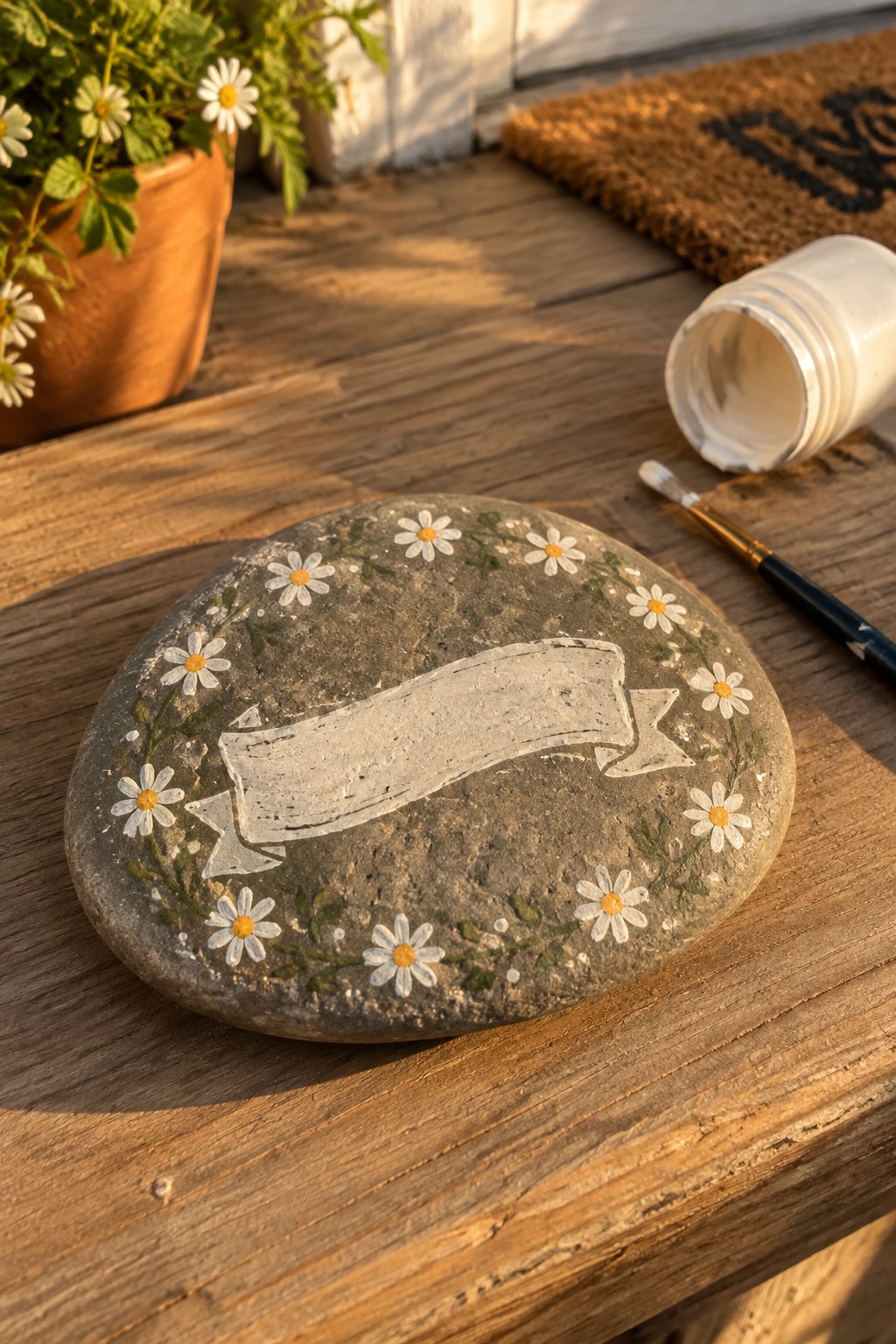 Painted gray stone with daisy wreath and blank white banner on wooden surface