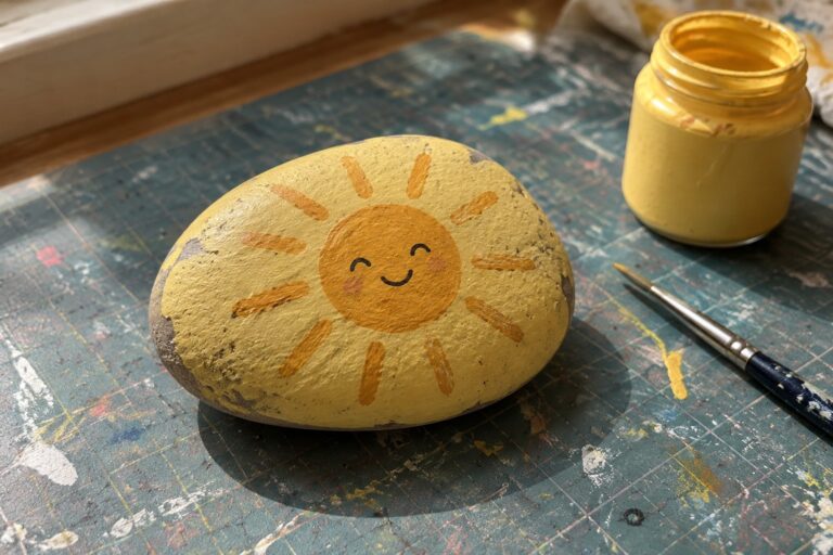 19 Kindness Rocks Featuring Uplifting Messages and Simple Lettering Yellow painted rock with smiling sun face beside open paint jar and brush