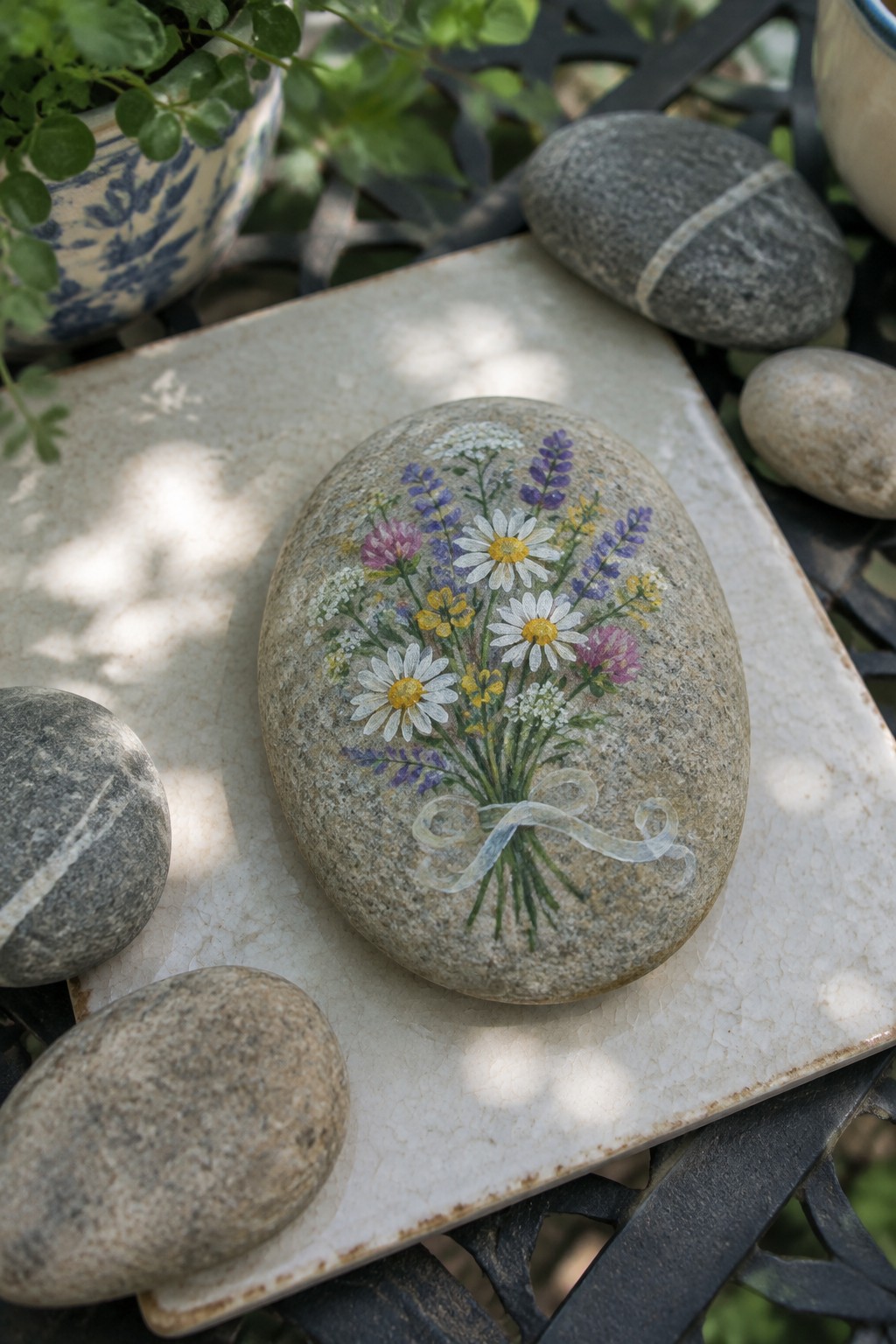 Painted gray stone with daisy bouquet and ribbon on white cracked tile