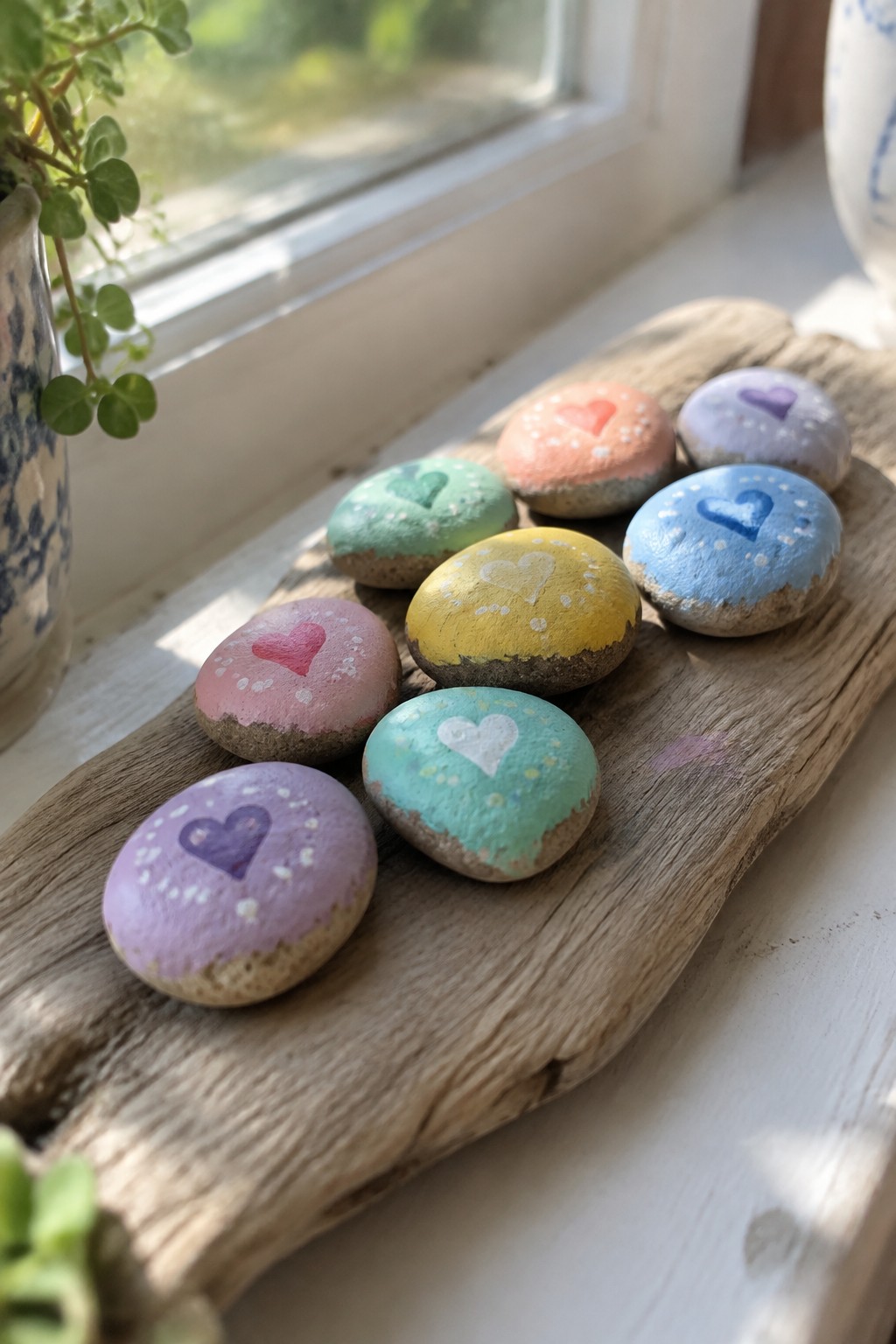 Pastel painted rocks with hearts on driftwood by a sunny window