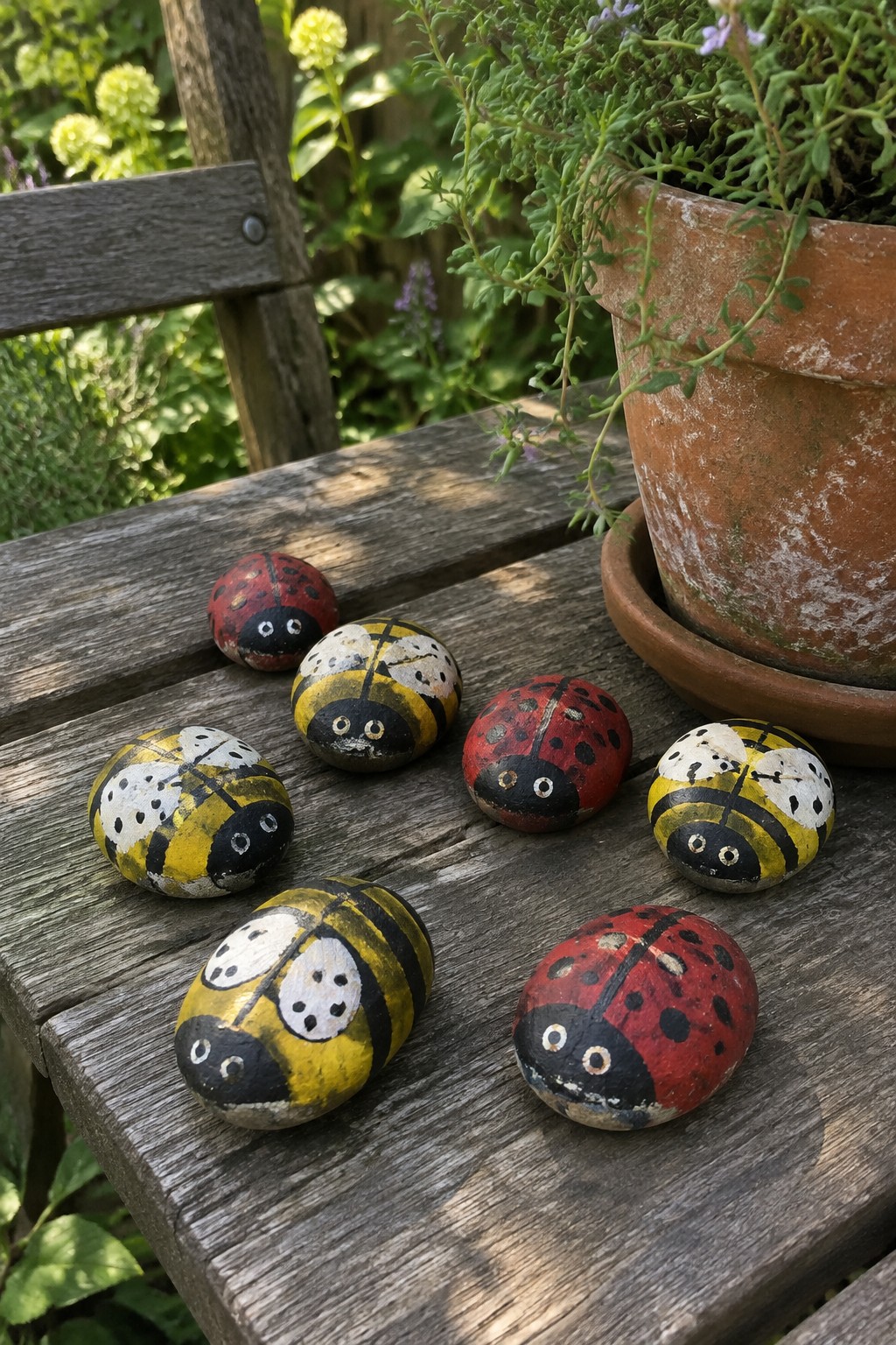 Painted ladybug and bee rocks on wooden table beside terracotta plant pot