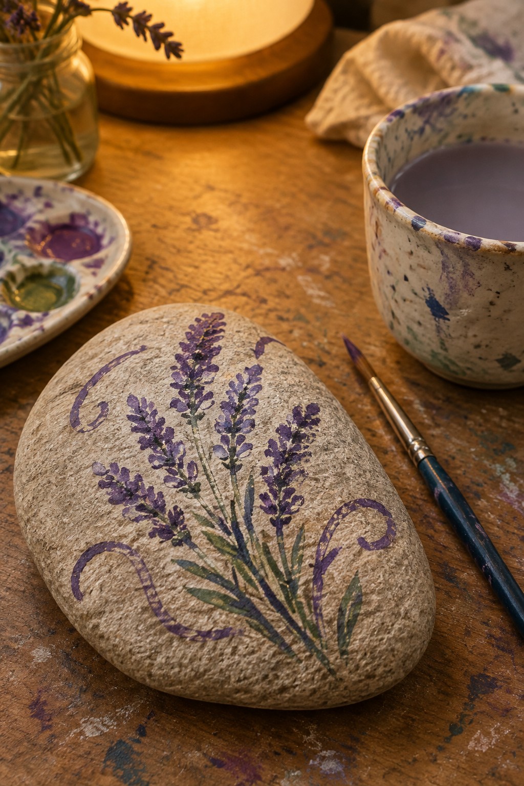 Lavender flowers painted on stone beside brush, palette, and purple-filled cup on wood.