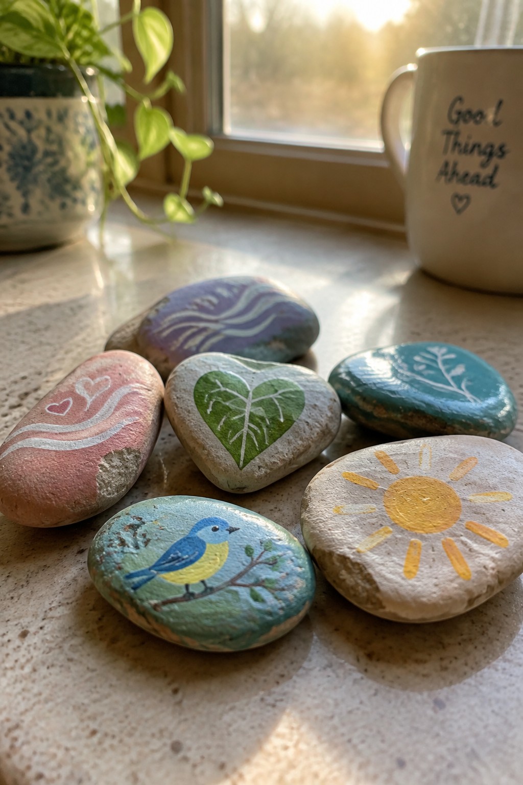 Colorful painted rocks with sun, bird, hearts, and leaves on windowsill beside plant and mug