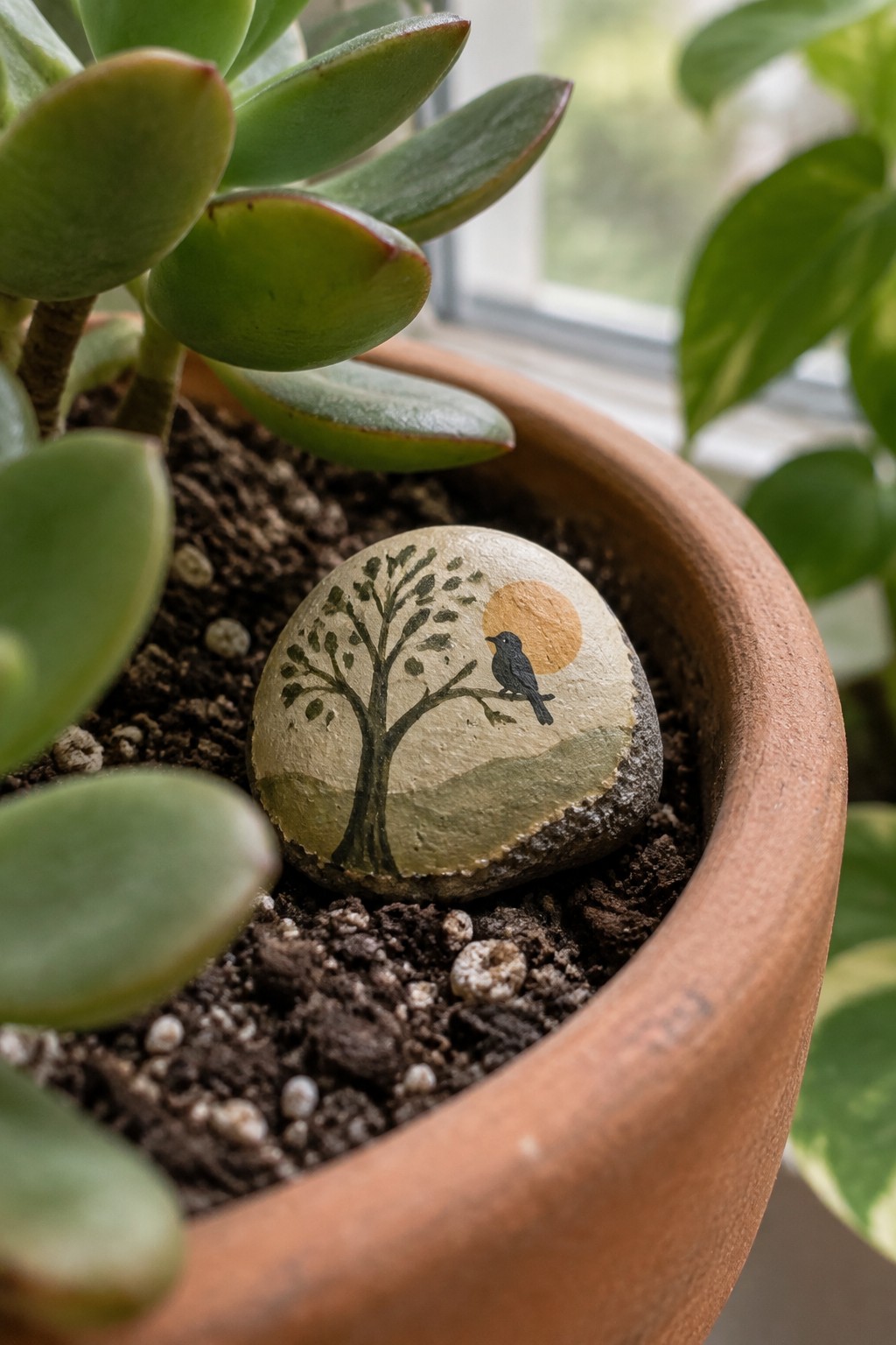 Painted rock with tree, bird on branch, sun and hills in clay pot with succulent