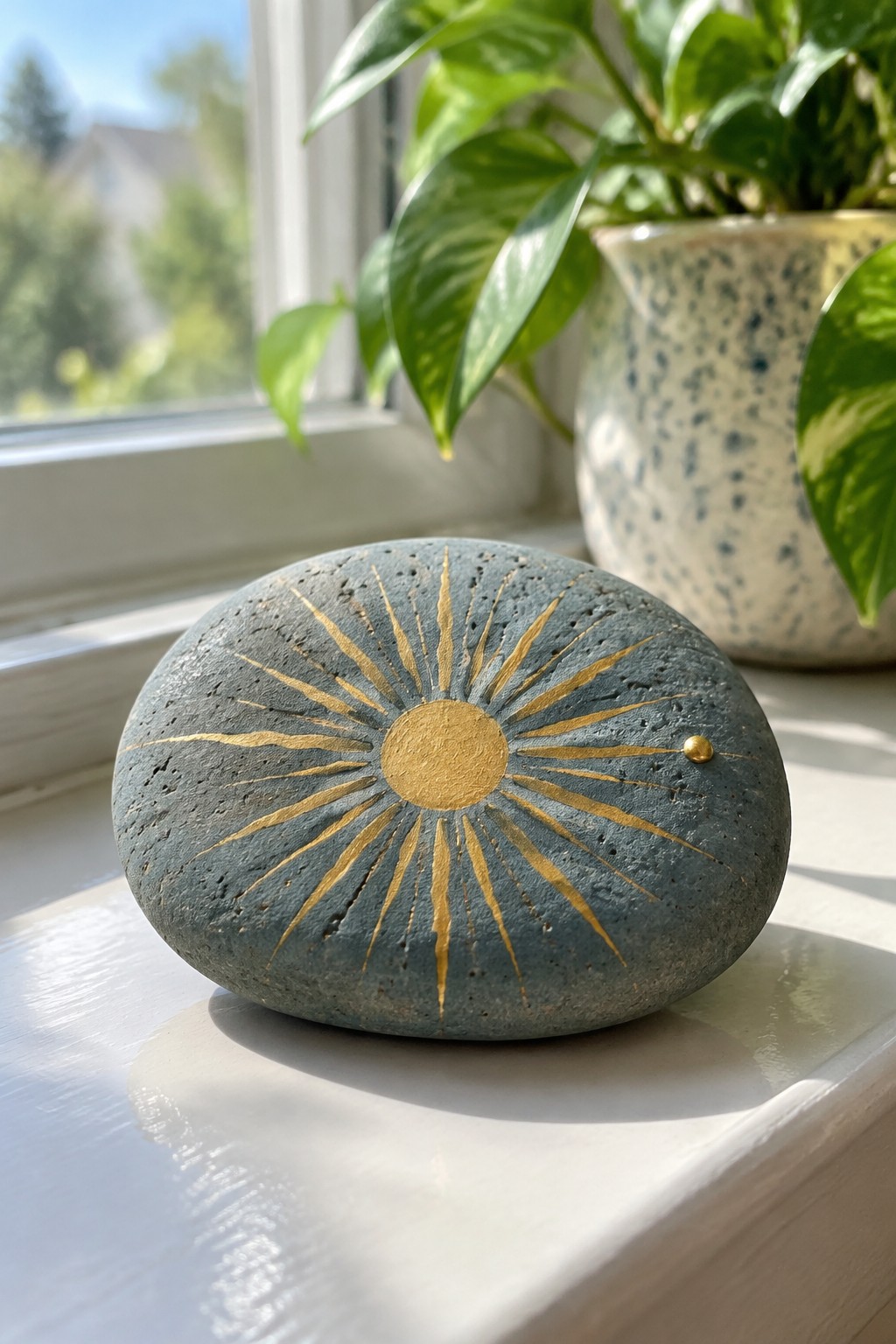 Gray-green rock painted with golden sun on white windowsill beside potted plant