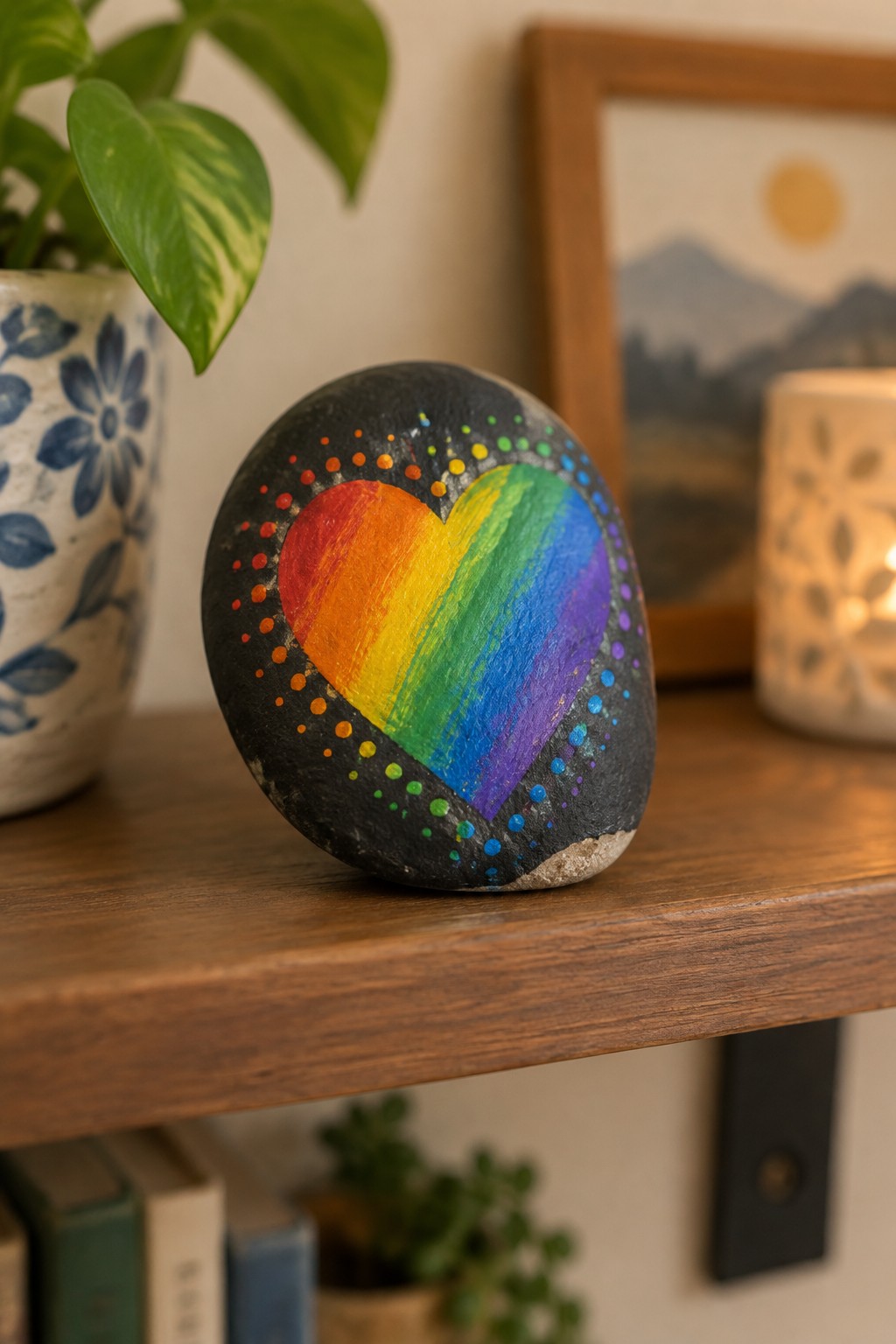 Rainbow heart painted on black rock with colorful dots on wooden shelf