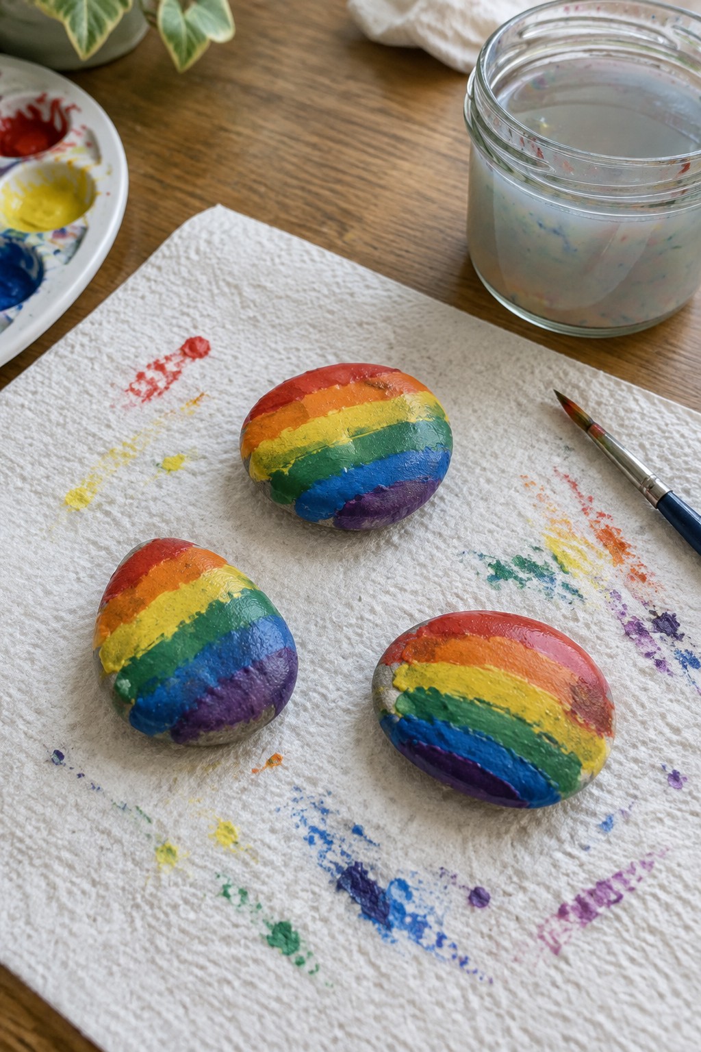 Three rainbow-striped rocks on paint-splattered paper towel with palette, jar, and brush nearby.