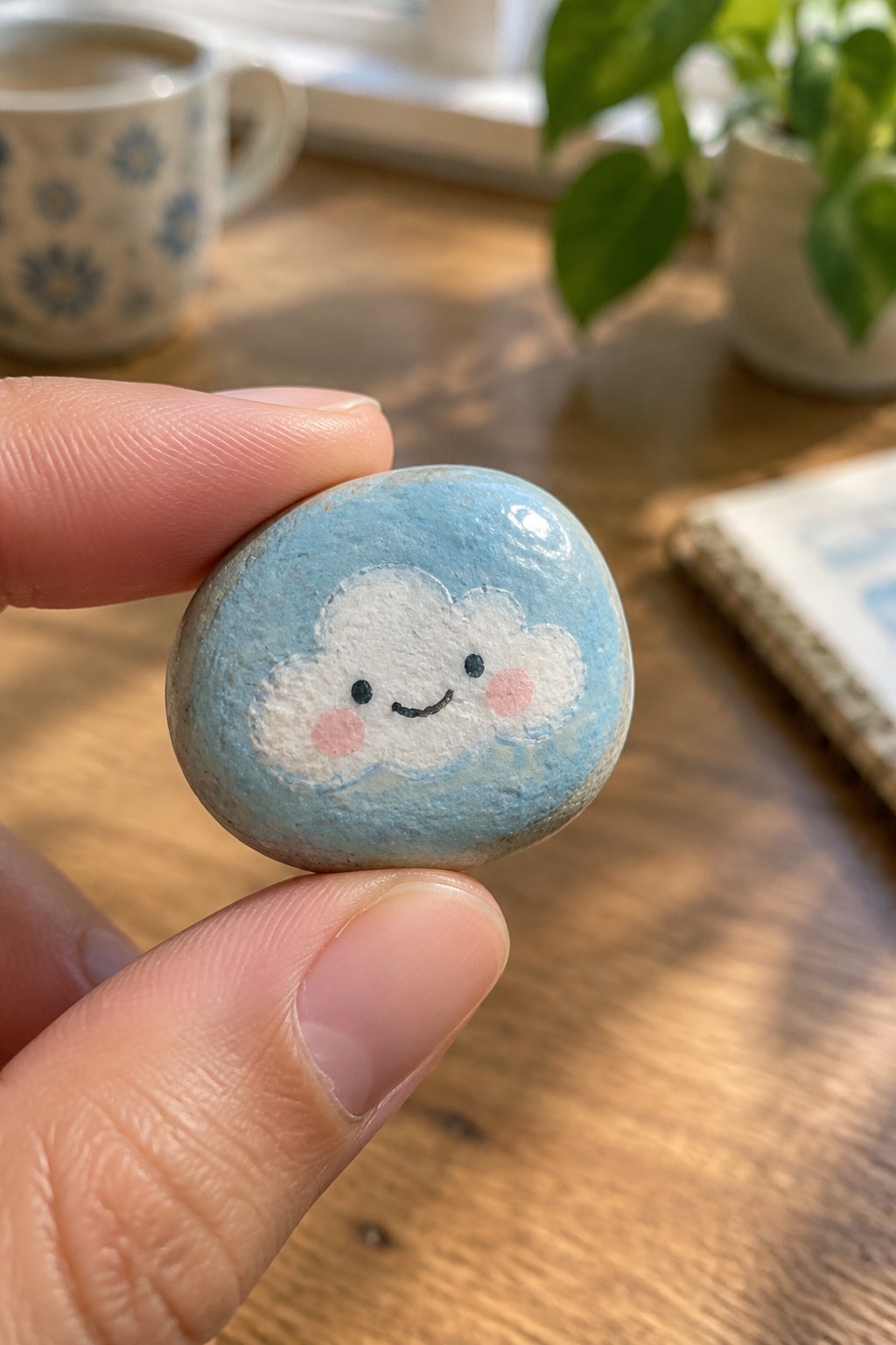 Hand holding small blue stone painted with smiling white cloud face