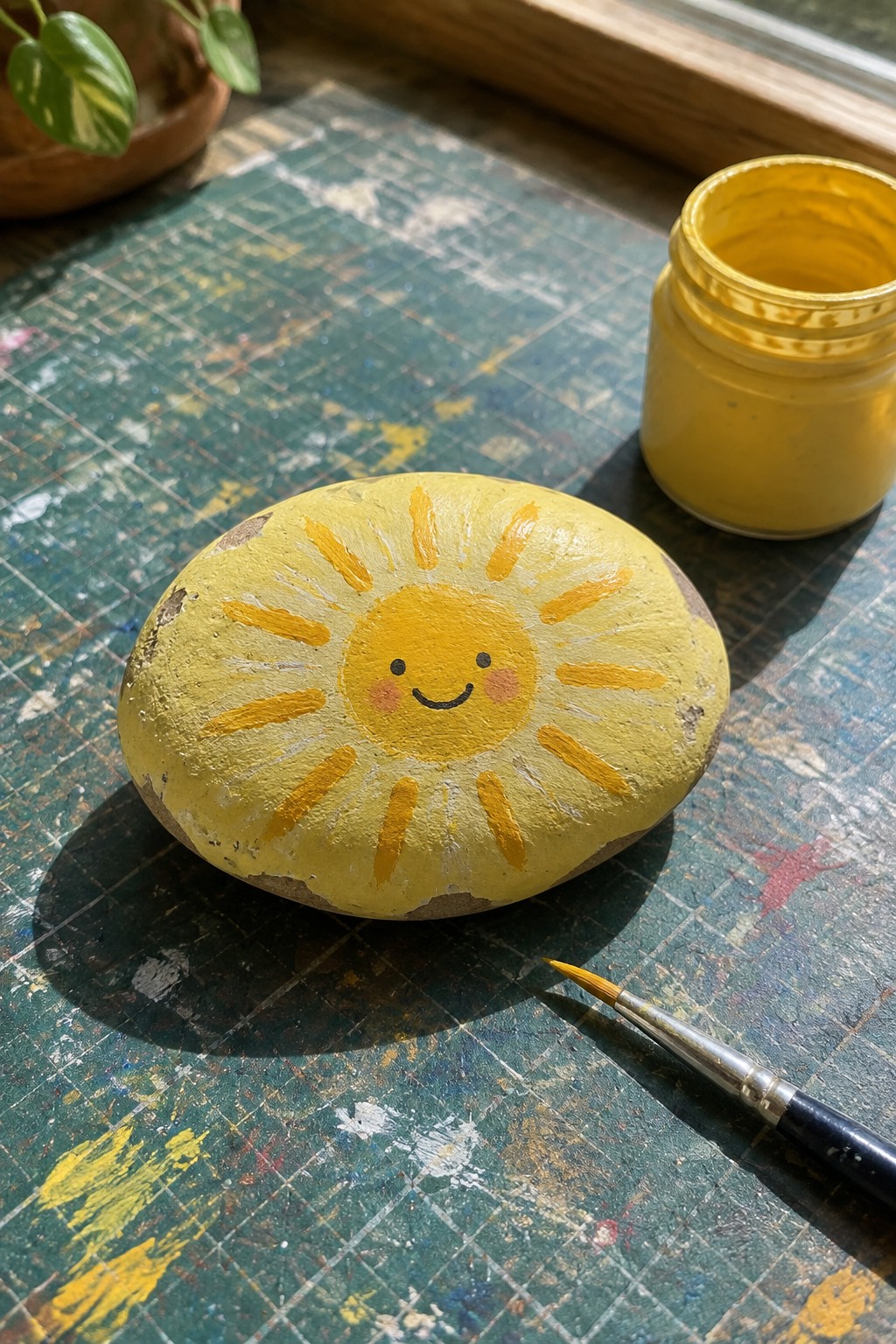 Yellow painted rock with smiling sun face beside open paint jar and brush