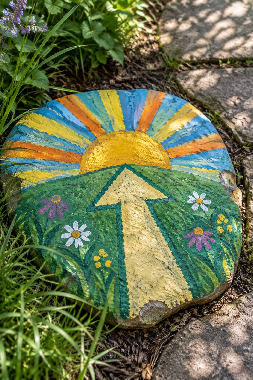 Colorful painted stone with sun rays, green fields, yellow arrow, and flowers in garden.