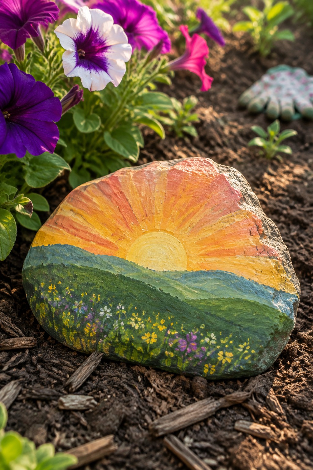 Painted rock with sunset rays over green hills dotted with flowers, amid purple petunias.