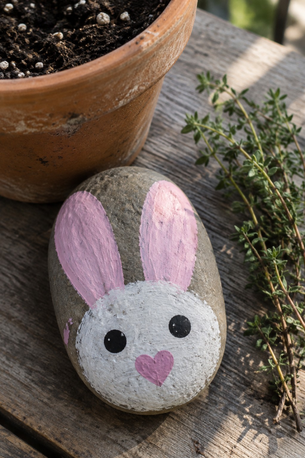Painted stone bunny with pink ears, black eyes, heart nose on wood near pot and herbs