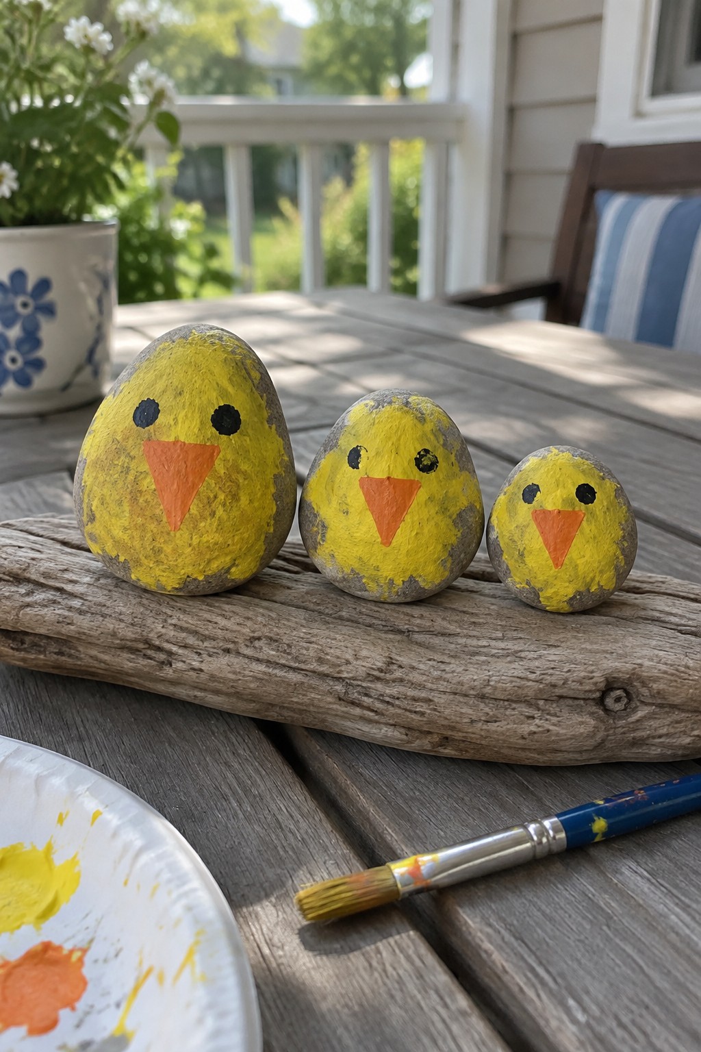 Three yellow painted chick rocks with paintbrush and palette on wooden table