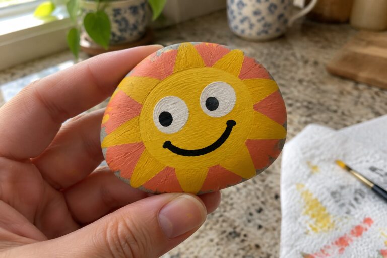 19 Rock Painting Ideas for Kids Using Large, Simple Shapes Hand holding a smiling sun painted on a rock with yellow-orange rays.