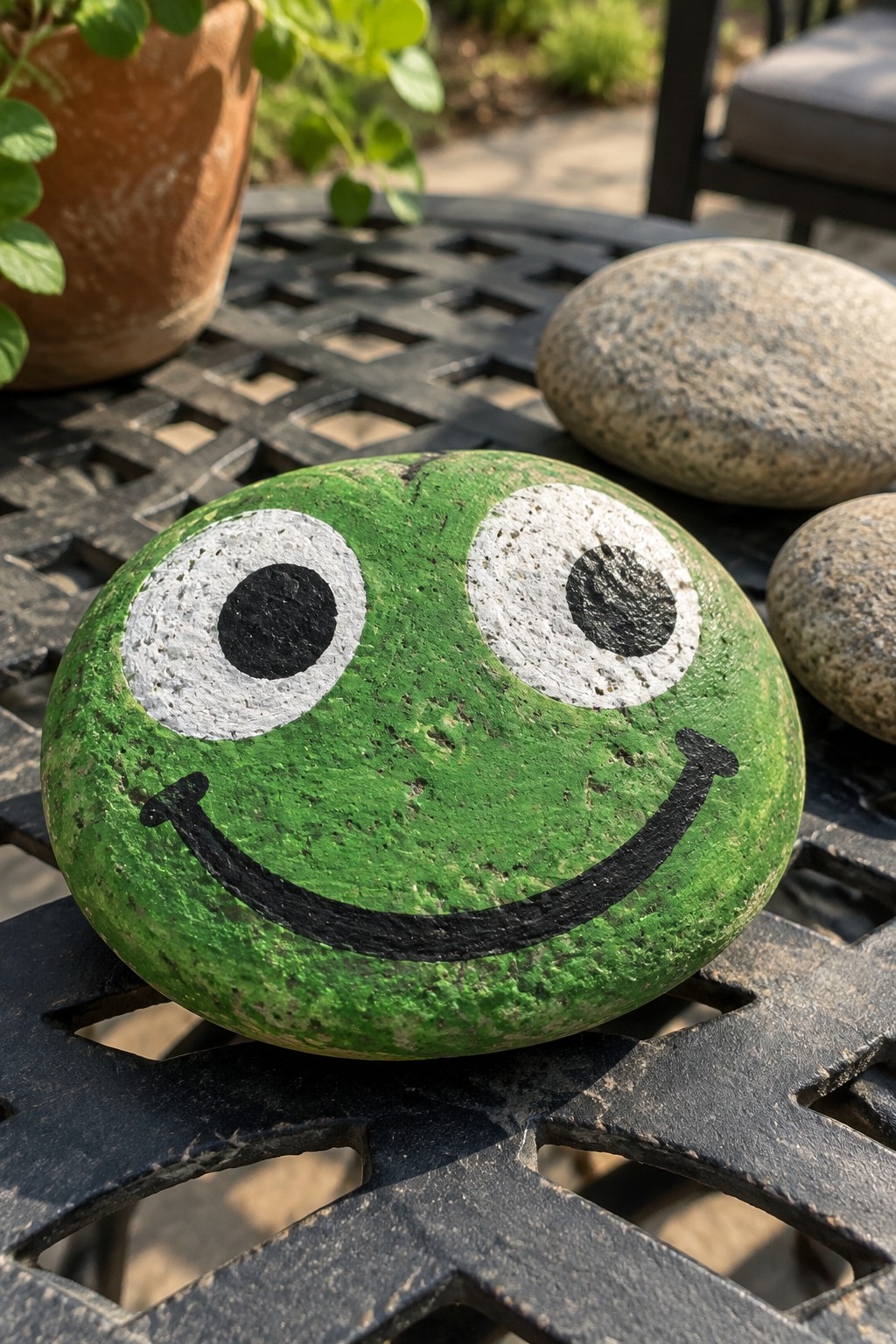 Green painted rock with smiling frog face and big eyes on black metal table