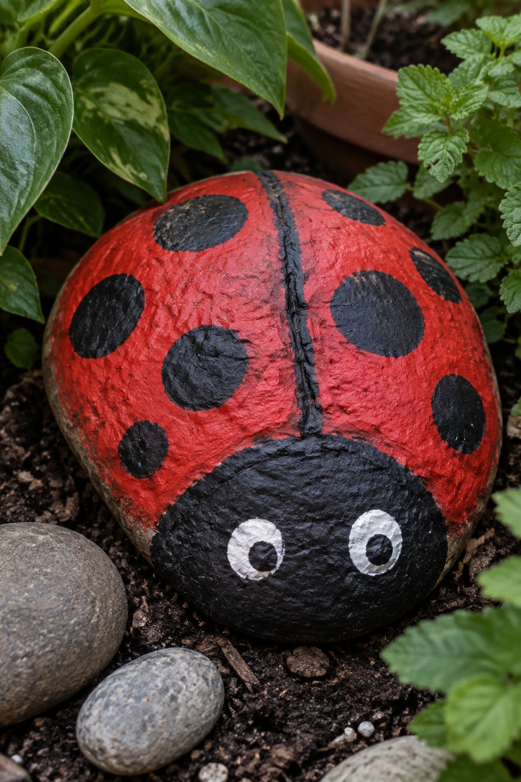 Red ladybug rock with black spots and eyes amid garden plants and stones