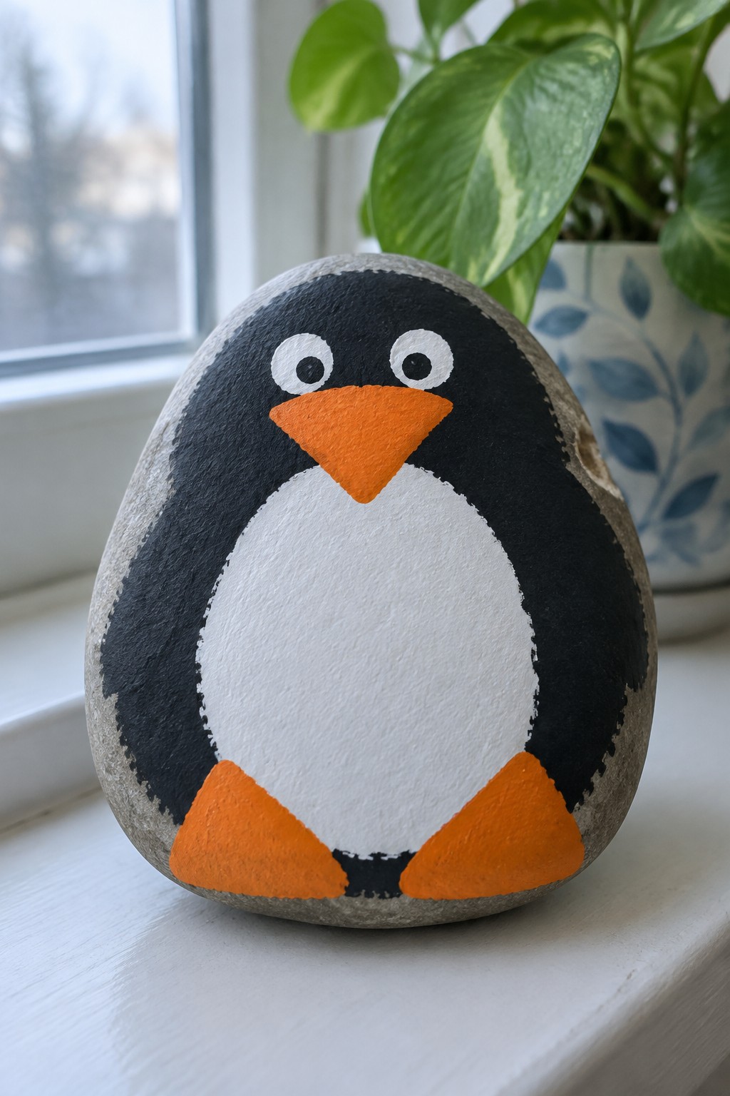 Painted stone penguin with black head, white belly, orange beak and feet on sill