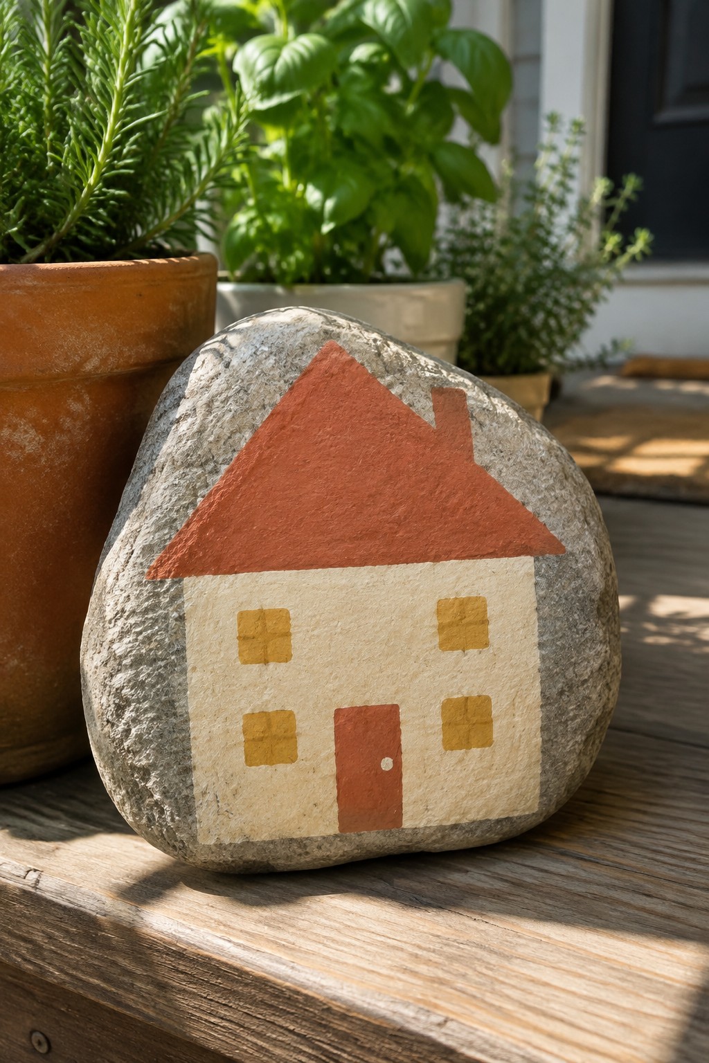 Rock painted as house with red roof, yellow windows and red door on wood