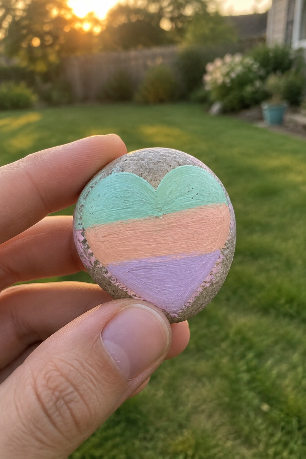 Hand holding gray stone with pastel heart stripes in mint, peach, and purple