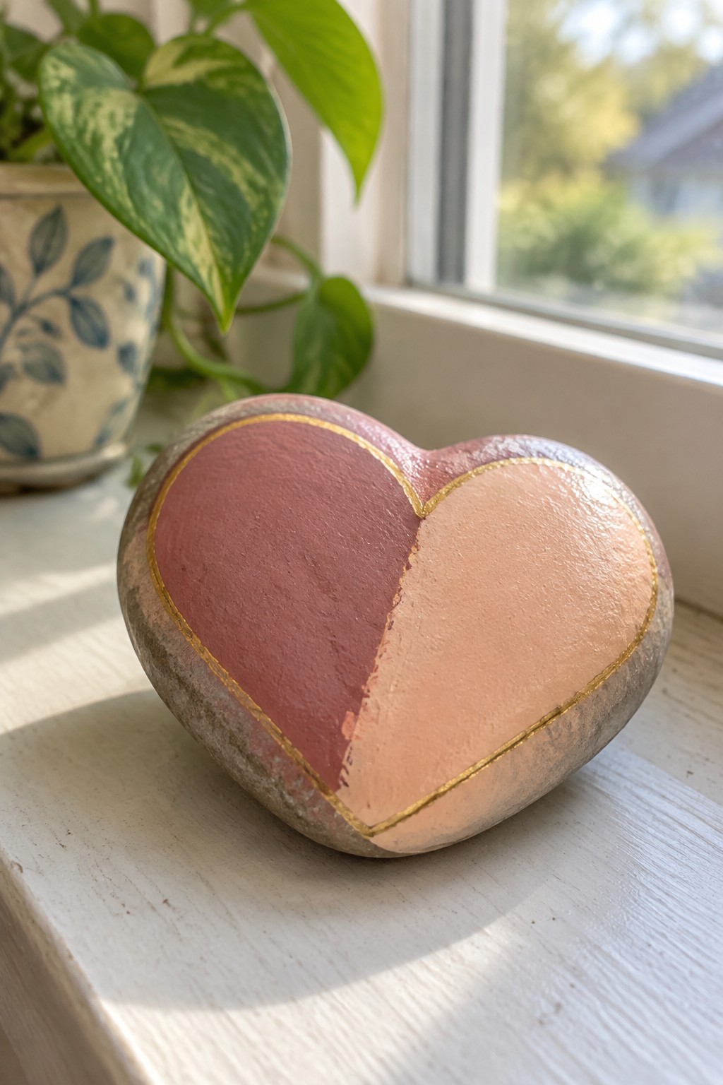 Two-toned pink and peach heart-shaped stone with gold trim on windowsill