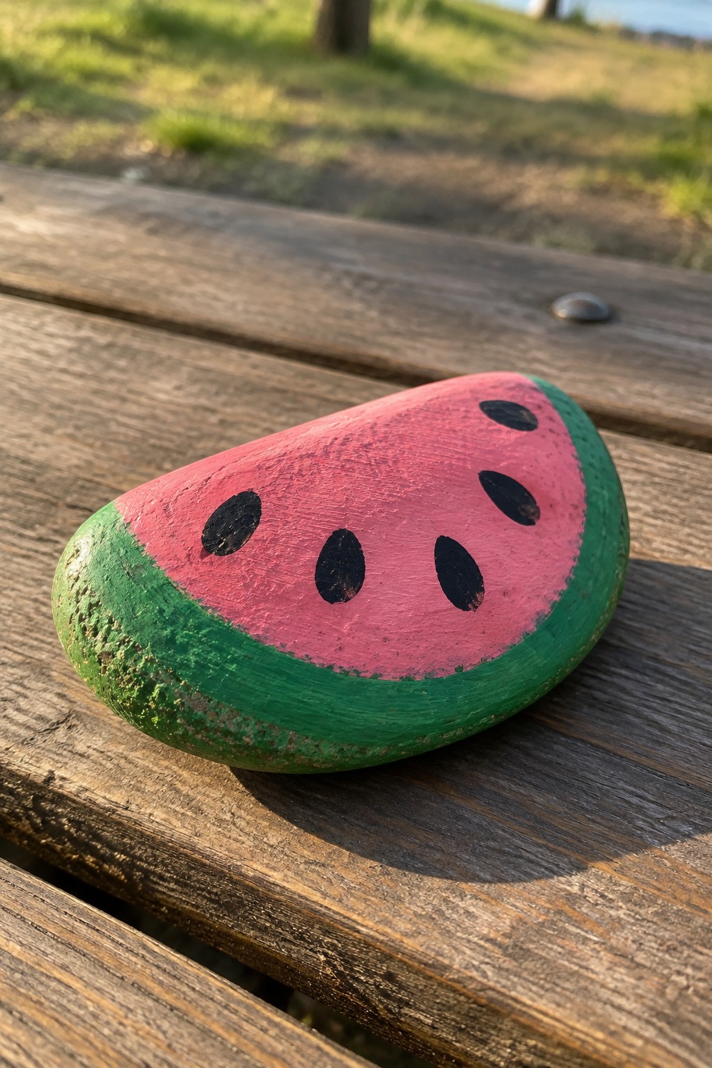 Watermelon slice painted rock with green rind, pink center and black seeds on wooden bench.