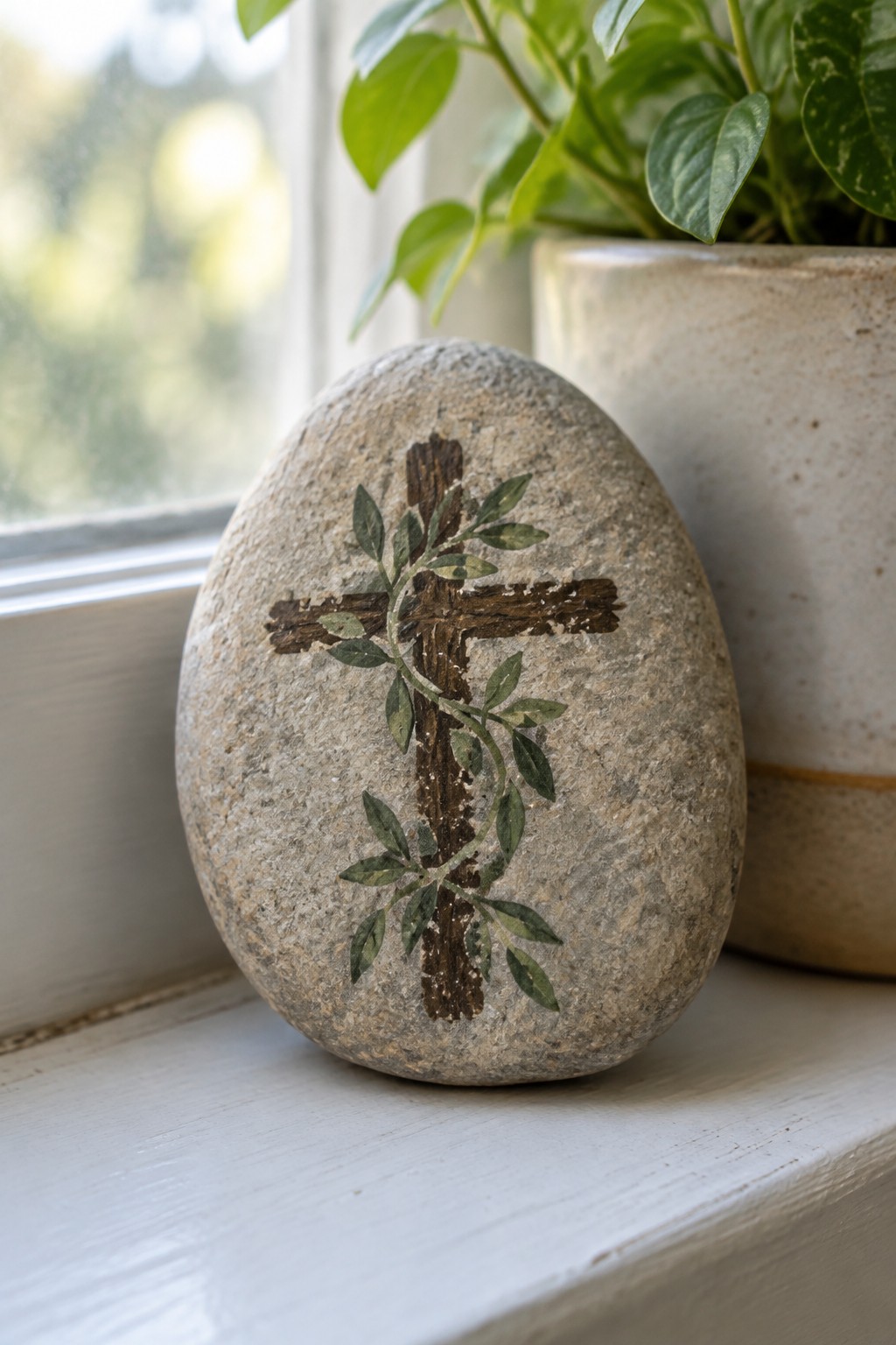 Smooth gray stone with brown cross and green vines on white windowsill beside plant