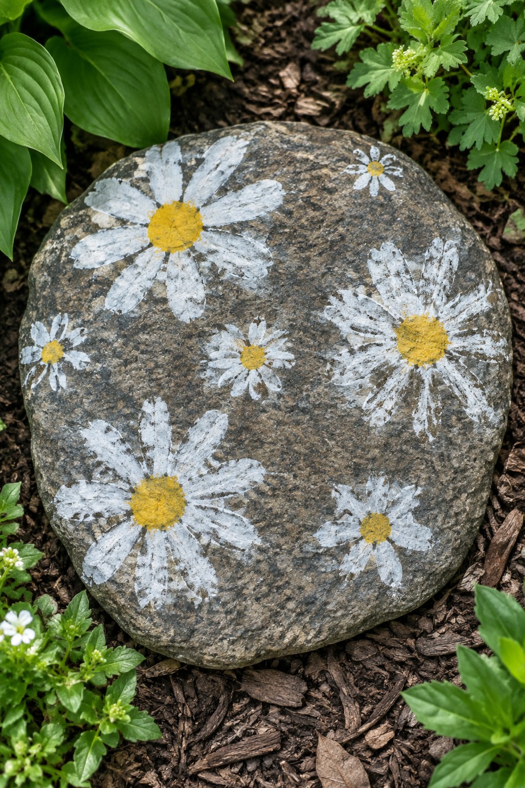 Painted rock with multiple white and yellow daisies amid green garden plants.
